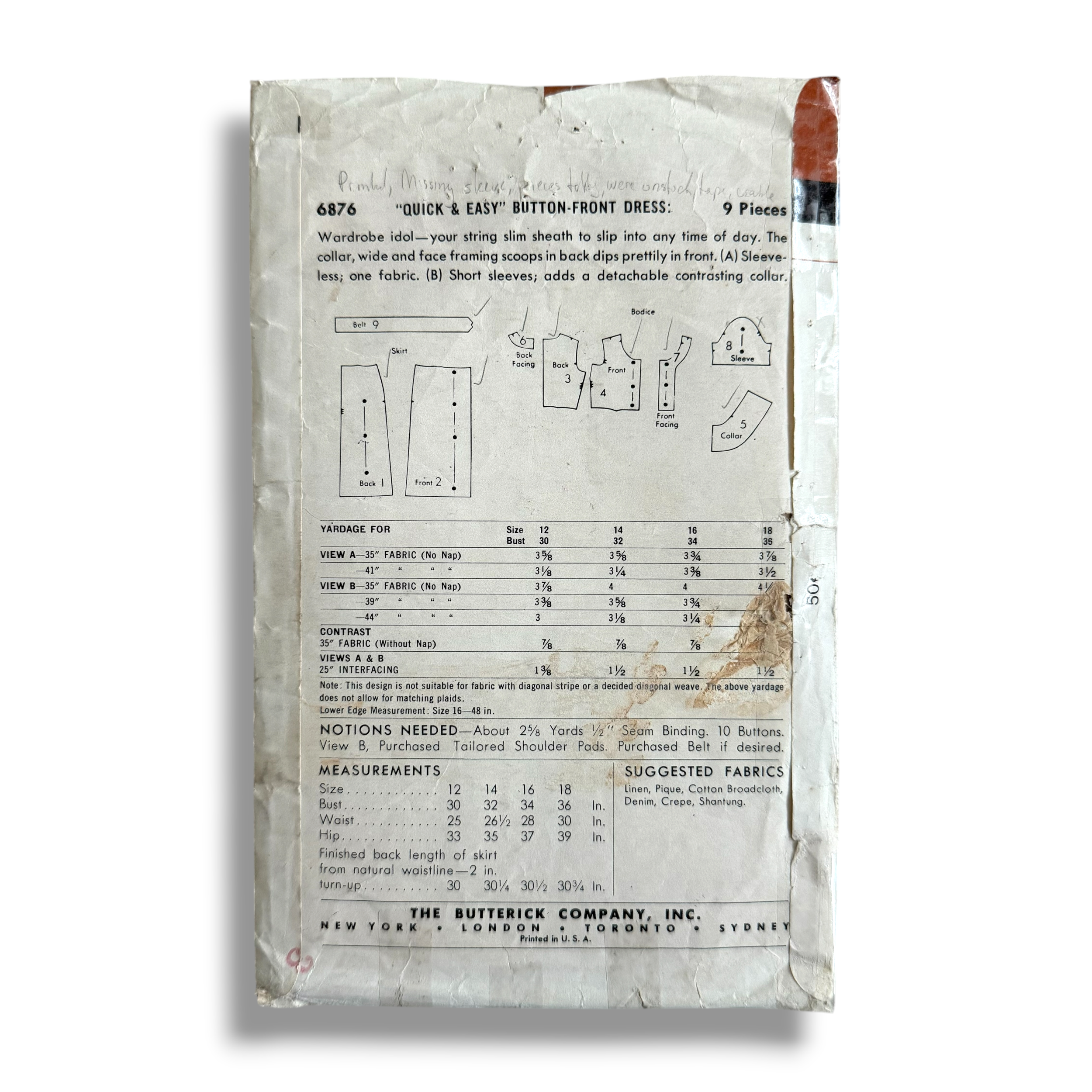 Butterick 6876, 50s Button-Front Dress, Size 16, Bust 34, Cut, Vintage Sewing Pattern1.PNG
