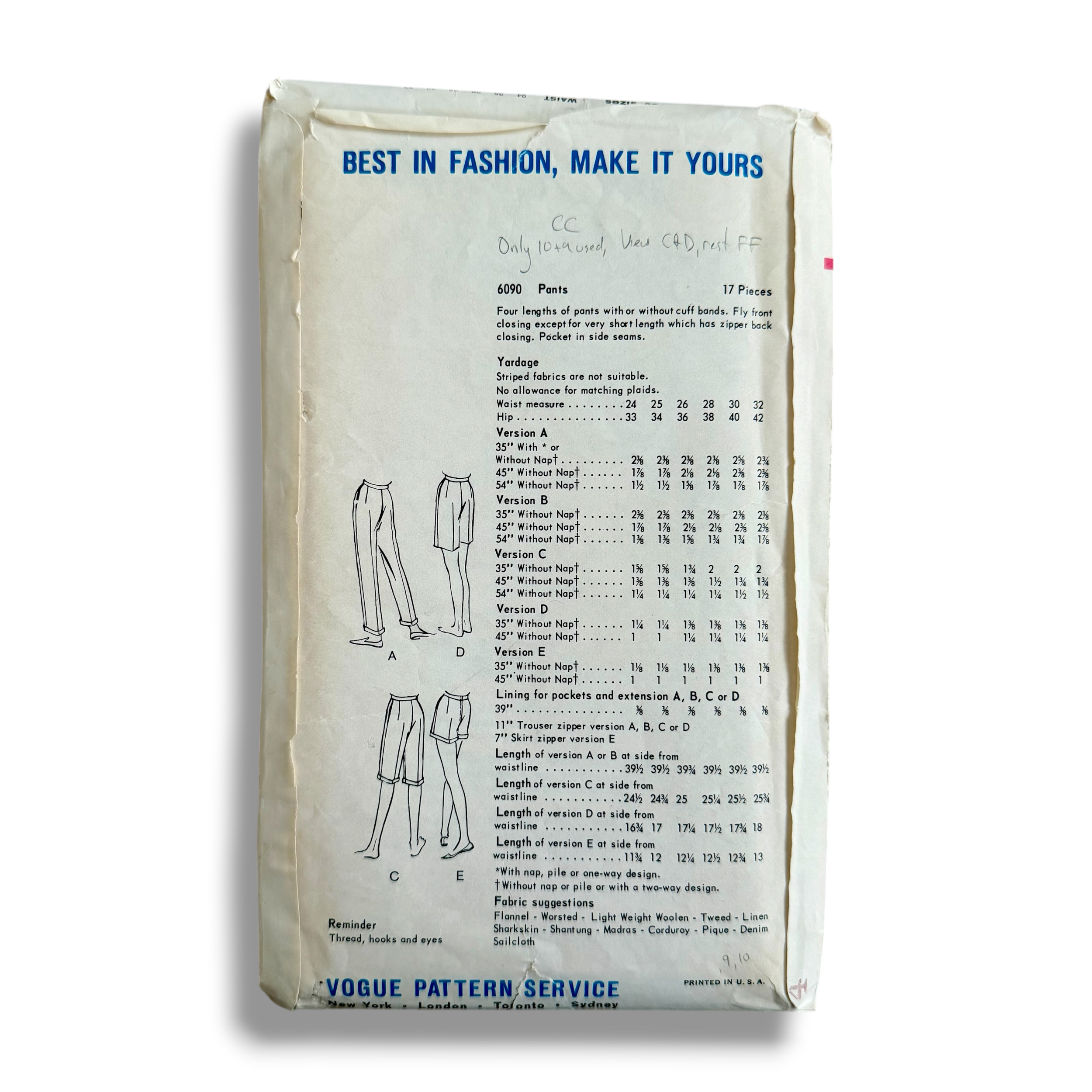 Vogue 6090, 60s Pants, Waist 28 Hip 38, Cut & Complete, Vintage Sewing Pattern1.PNG
