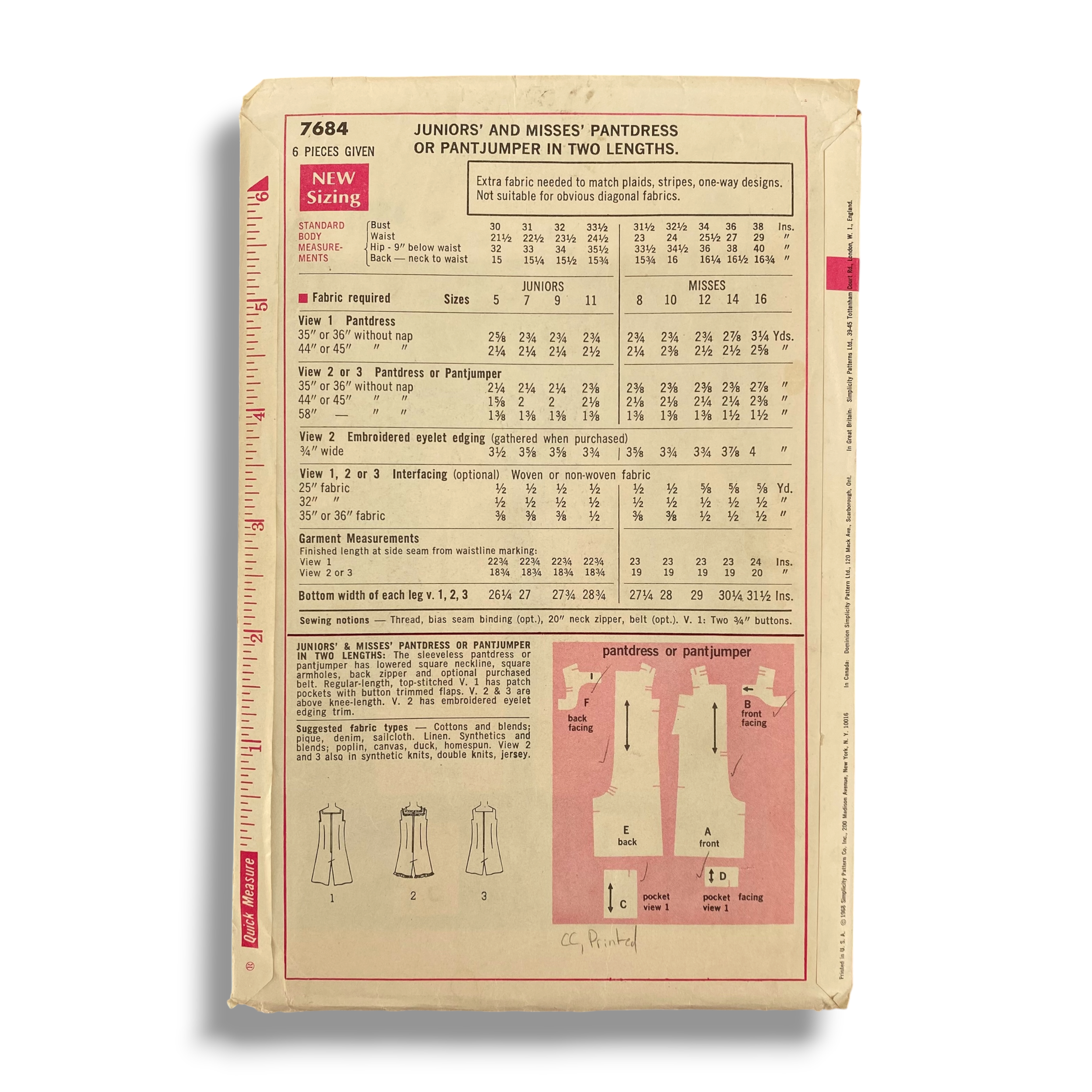 Simplicity 7684, 60s Pantdress or Pantjumper, Size 12:34, Cut & Complete, Vintage Sewing Pattern1.PNG
