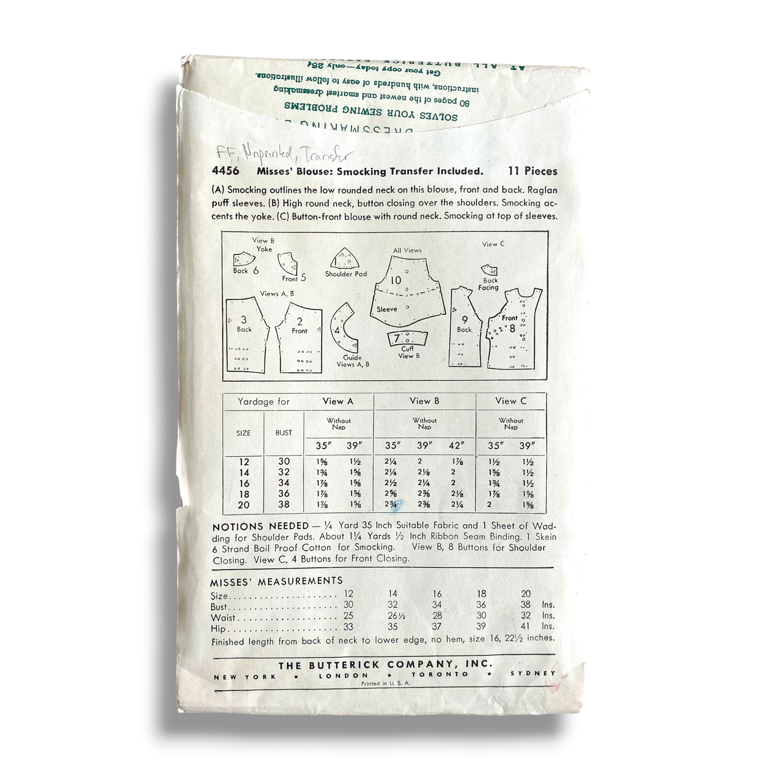 Butterick 4456, 40s Blouse with Transfers, Size 14:32, Factory Folded, Vintage Sewing Pattern1.PNG