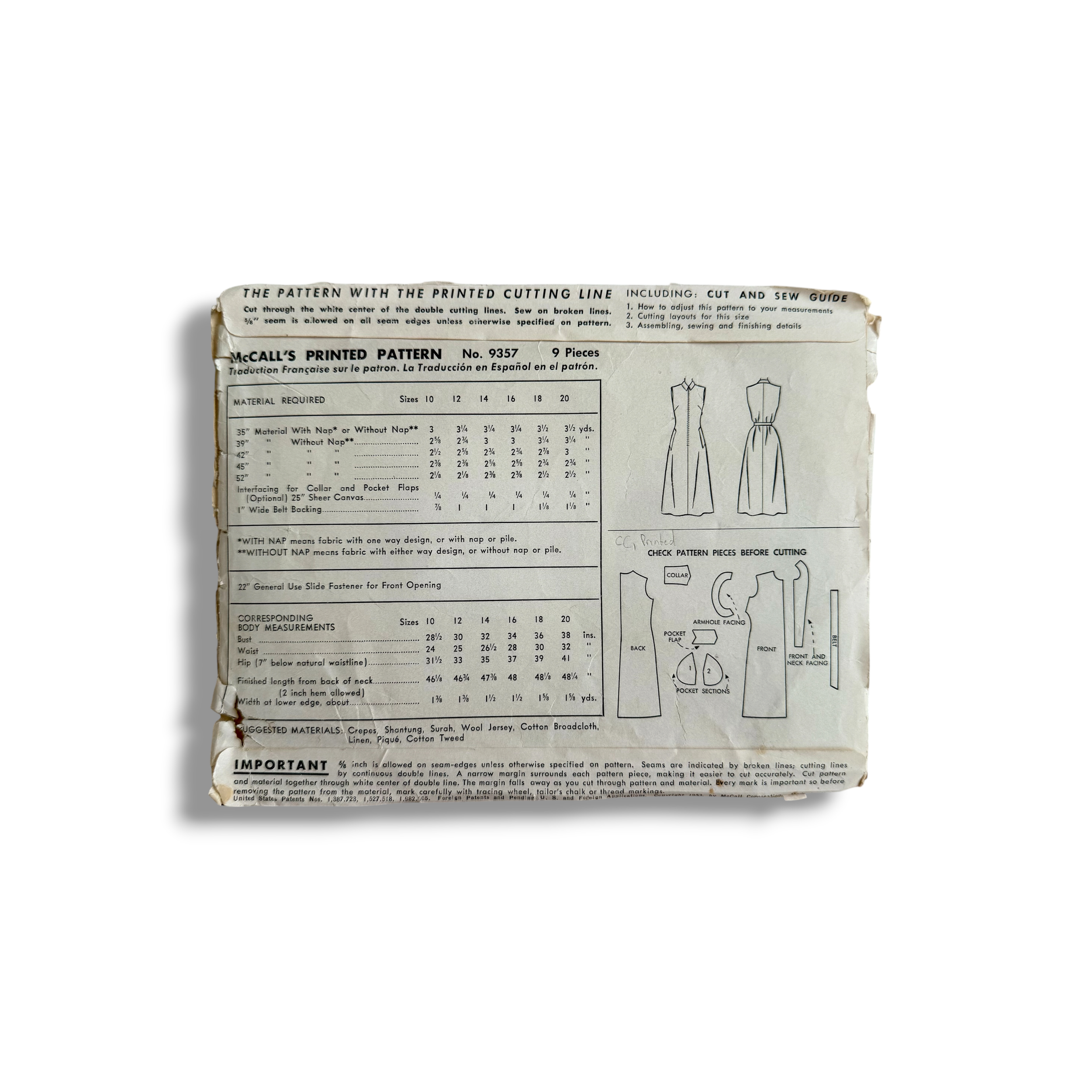 McCall's 9357, 50s Sleeveless Jiffy Dress, Size 14 Bust 32, Cut & Complete, Vintage Sewing Pattern2.PNG