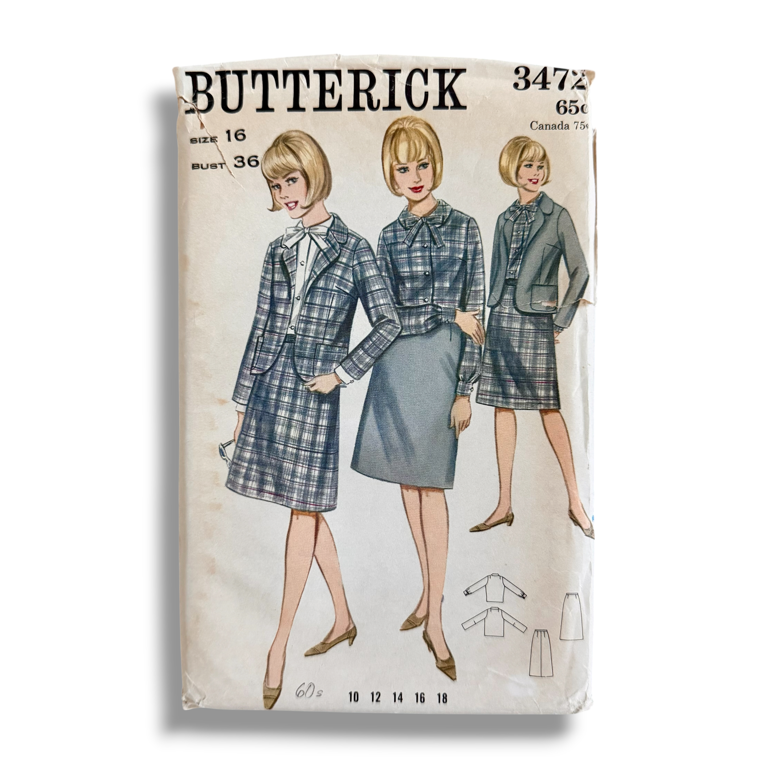 Butterick 3472, 60s Jacket, Skirt & Blouse, Size 16/36, Factory Folded, Vintage Sewing Pattern