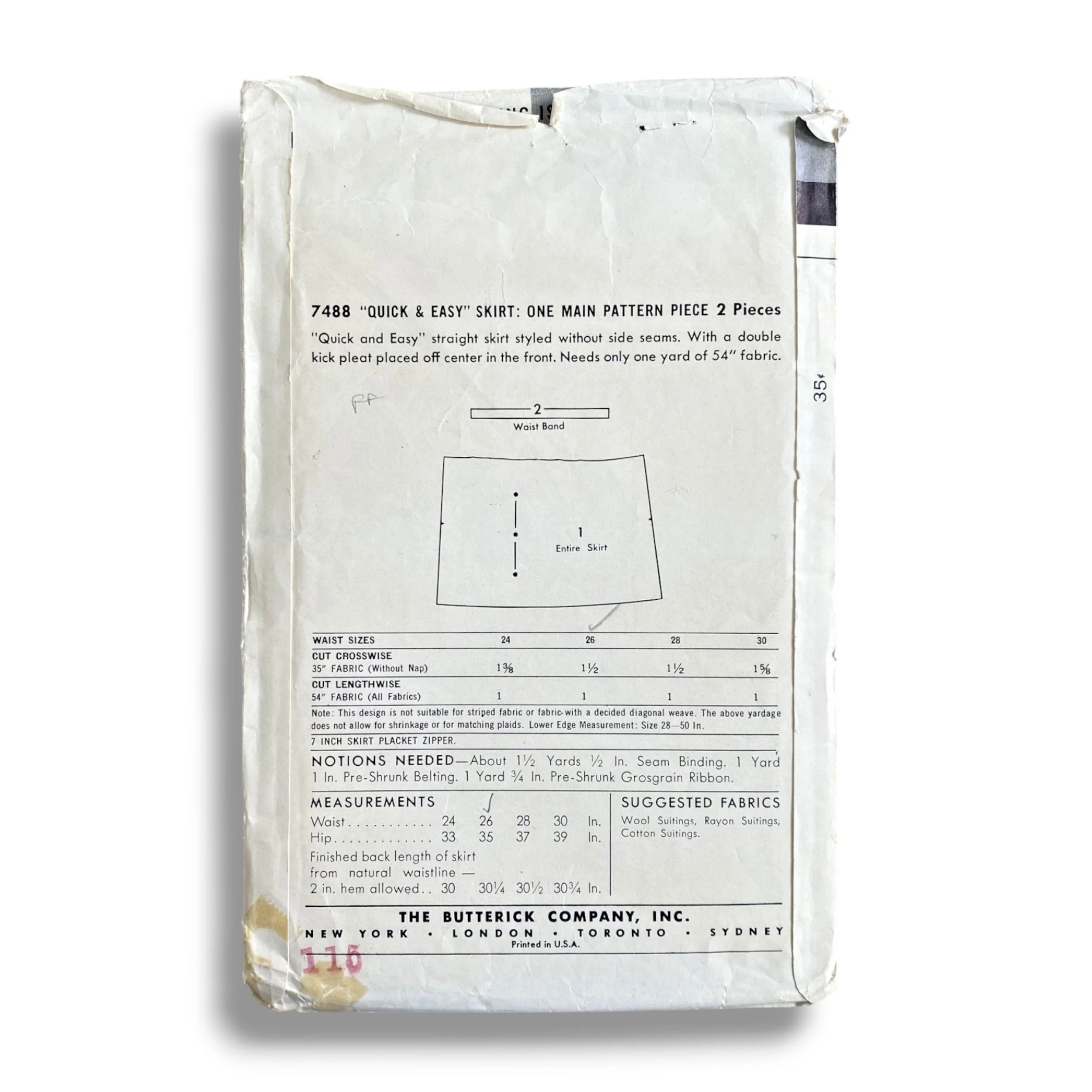 Butterick 7488, 50s Skirt, Size H35:W26, Factory Folded, Vintage Sewing Pattern1.jpg