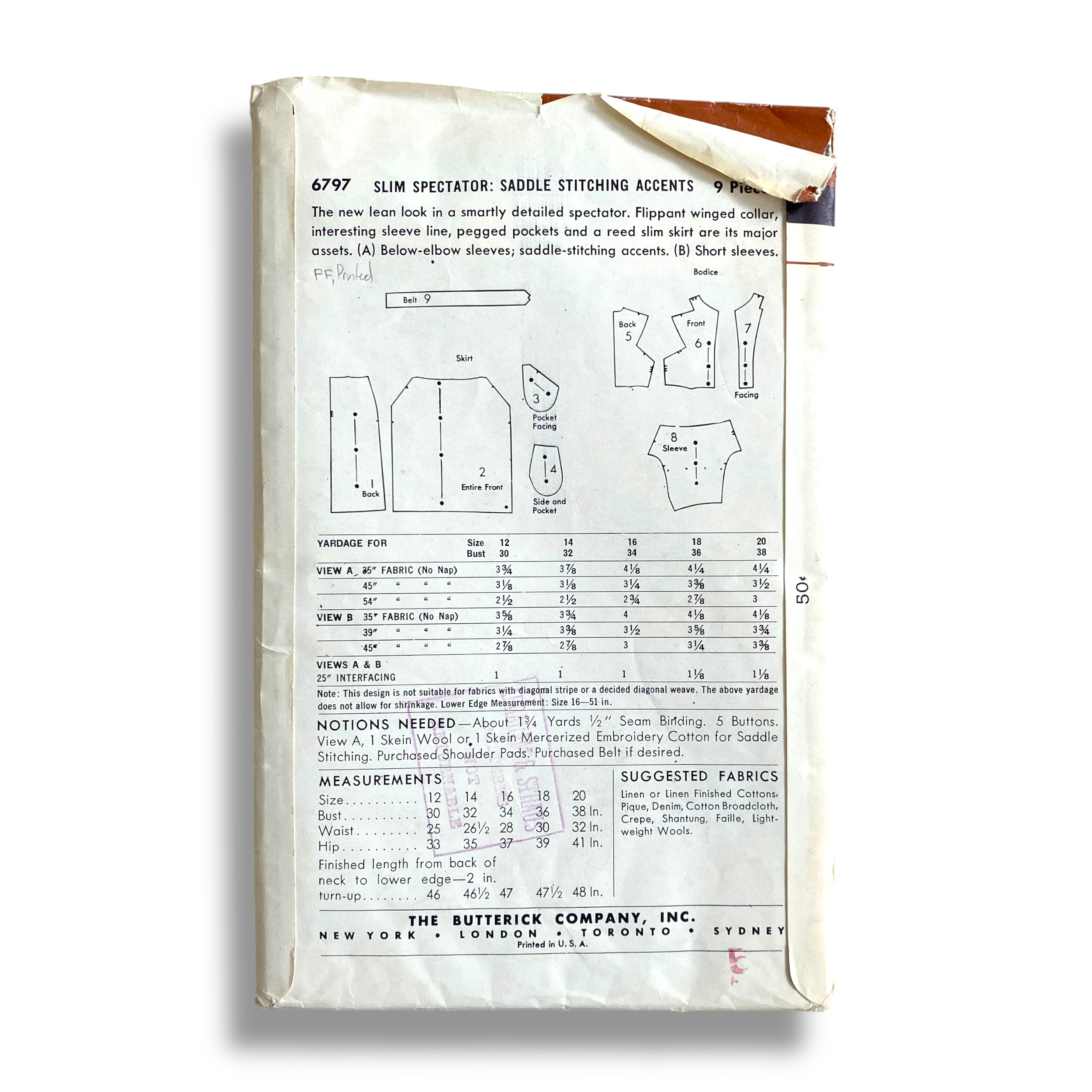 Butterick 6797, 50s Dress, Size 20:38, Factory Folded, Vintage Sewing Pattern2.png