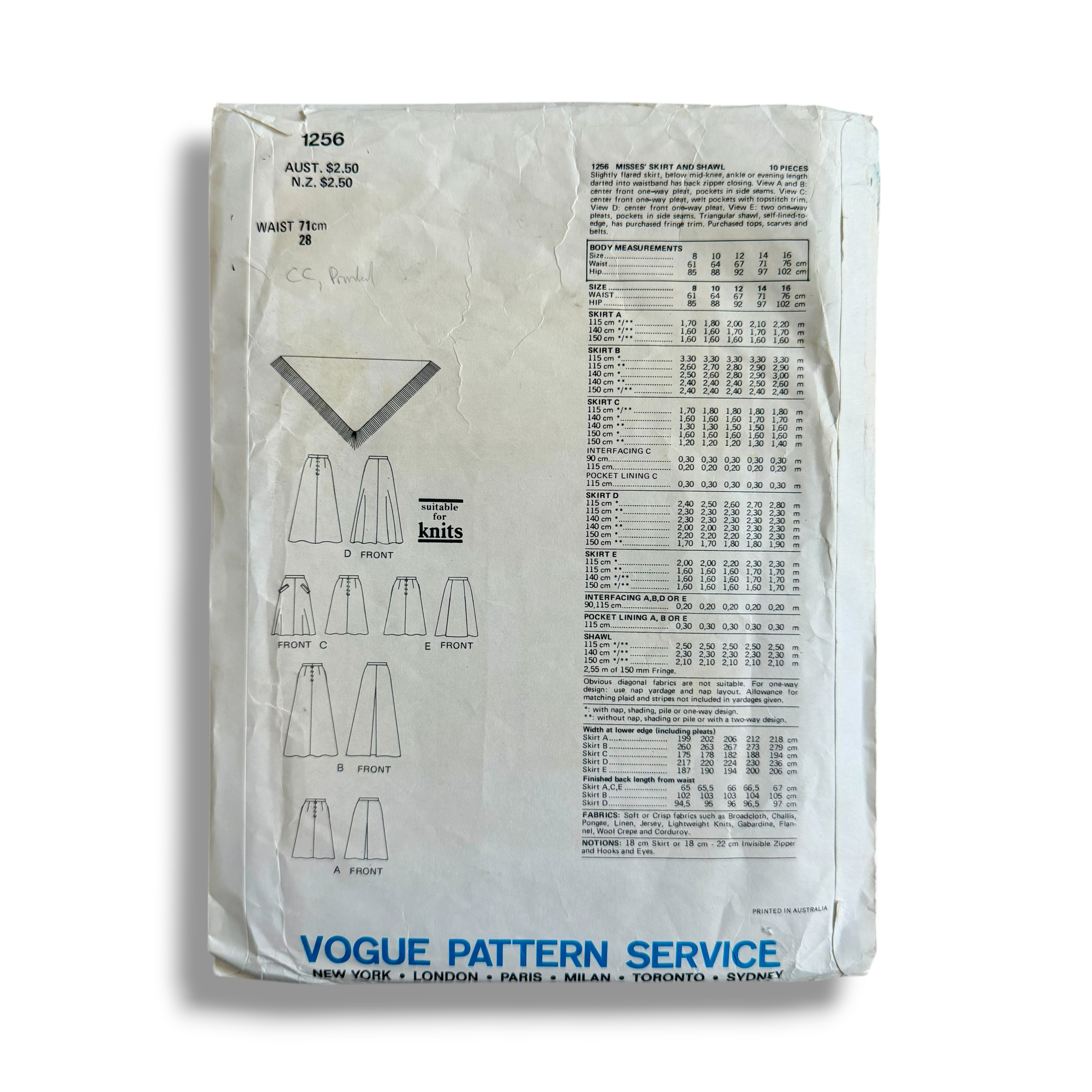 Vogue's Basic Design 1256, 70s Flared Skirts & Shawl, Size 14, Waist 28, Cut & Complete, Vintage Sewing Pattern2.PNG