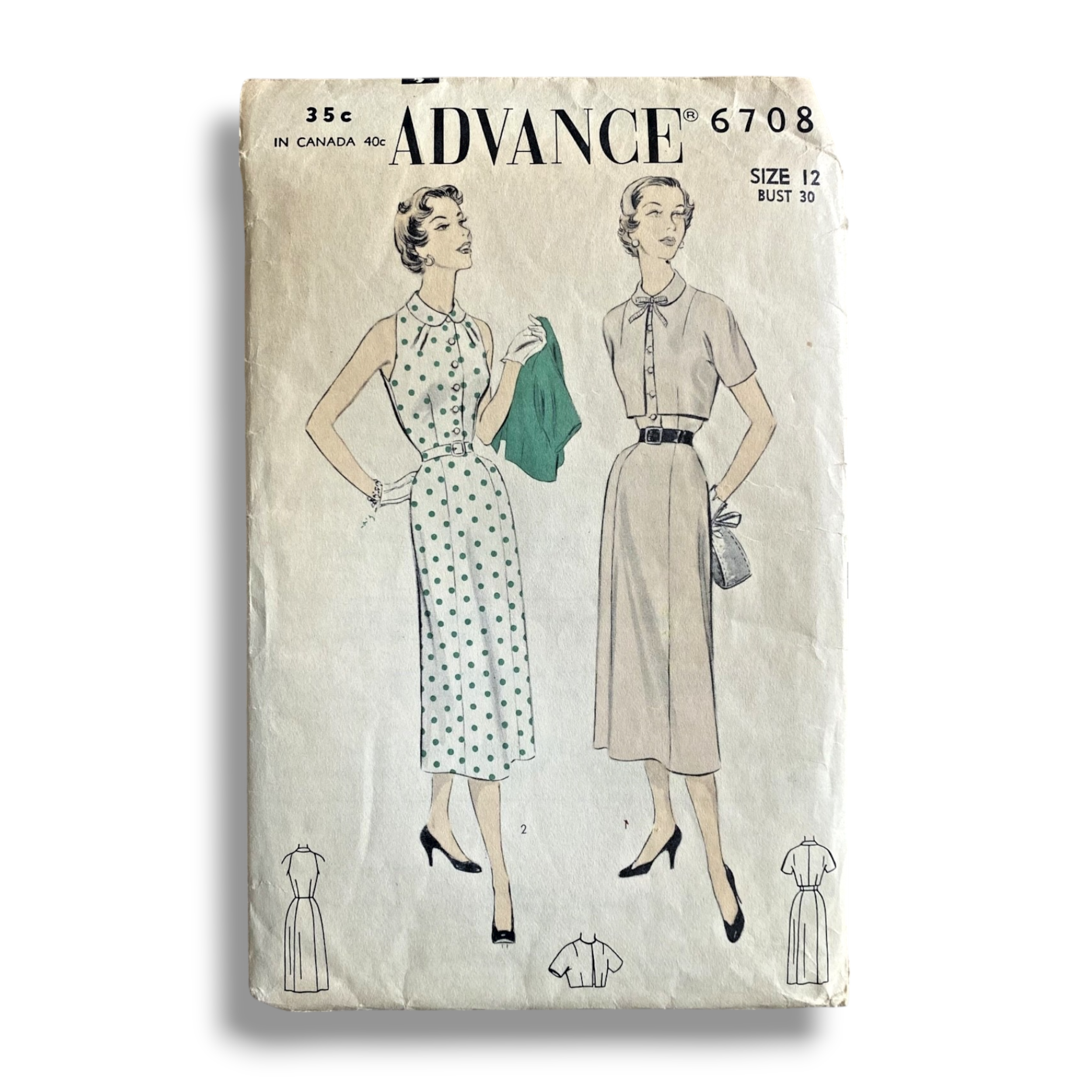 Advance 6708, 50s Dress/Bolero, Size 12/30, Cut & Complete Vintage Sewing Pattern