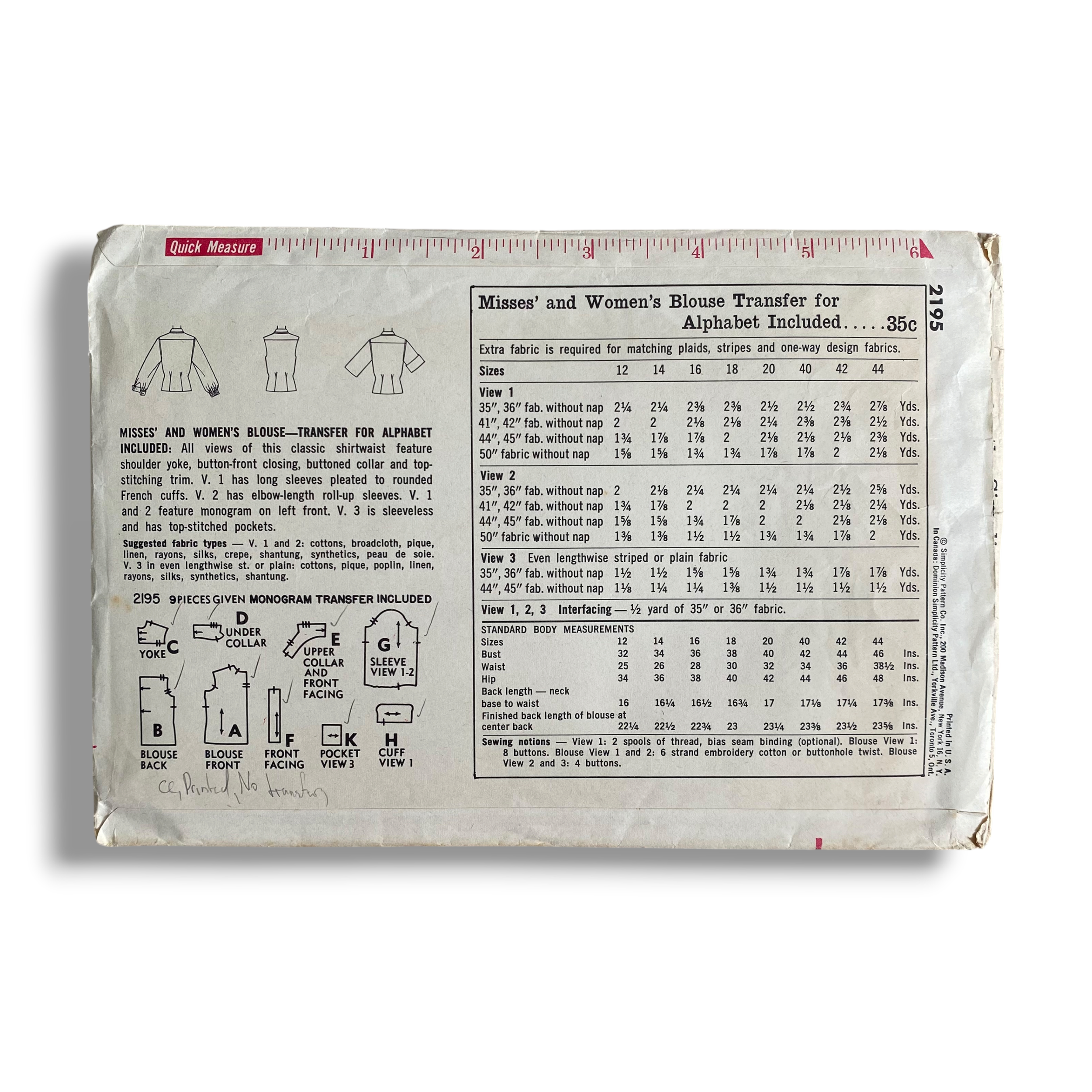 Simplicity 2195, 50s Blouse, Size 18:38, Cut & Complete, Vintage Sewing Pattern1.PNG
