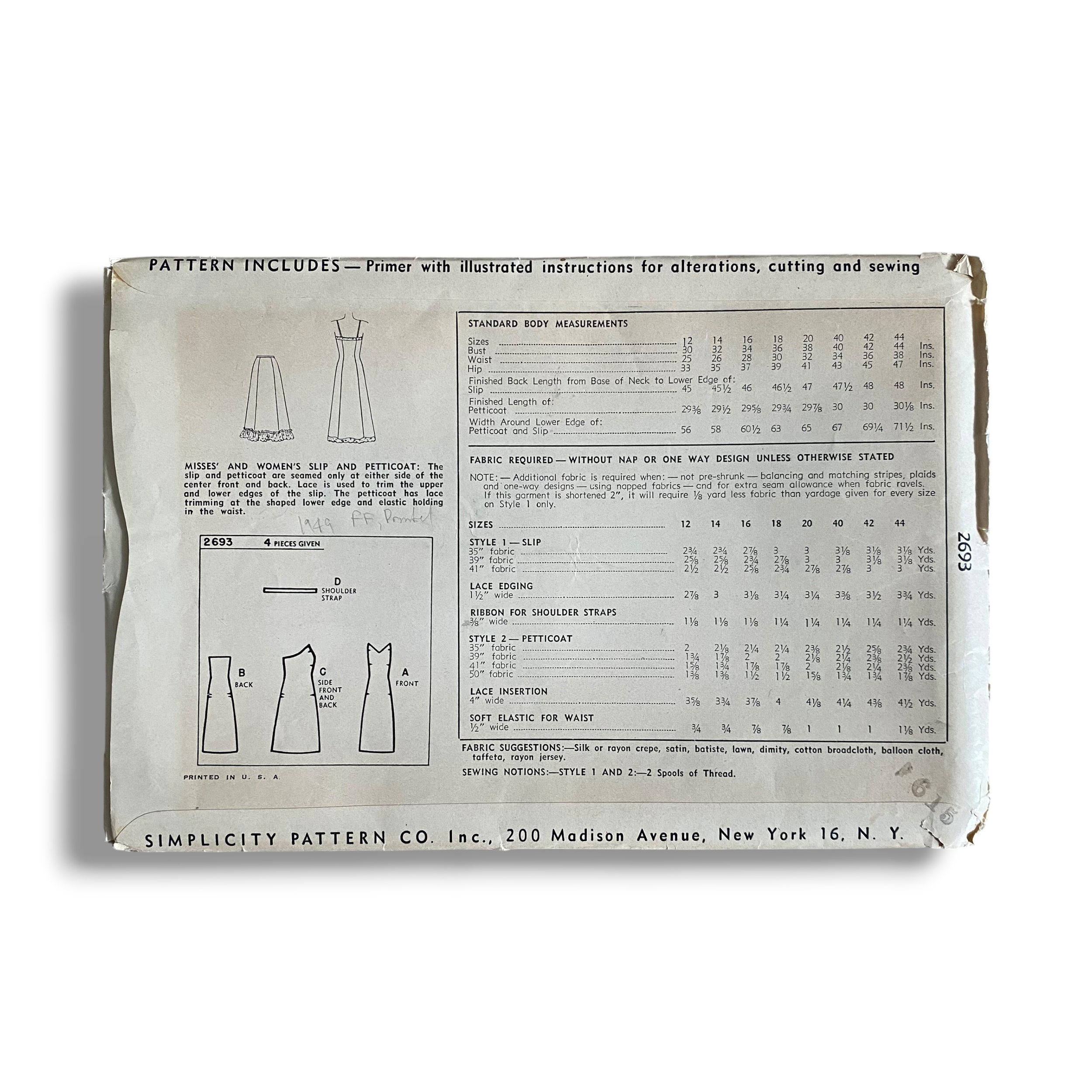 Simplicity 2693, 40s Slip and Petticoat, Size 12:30, Factory Folded, Vintage Sewing Pattern0.PNG