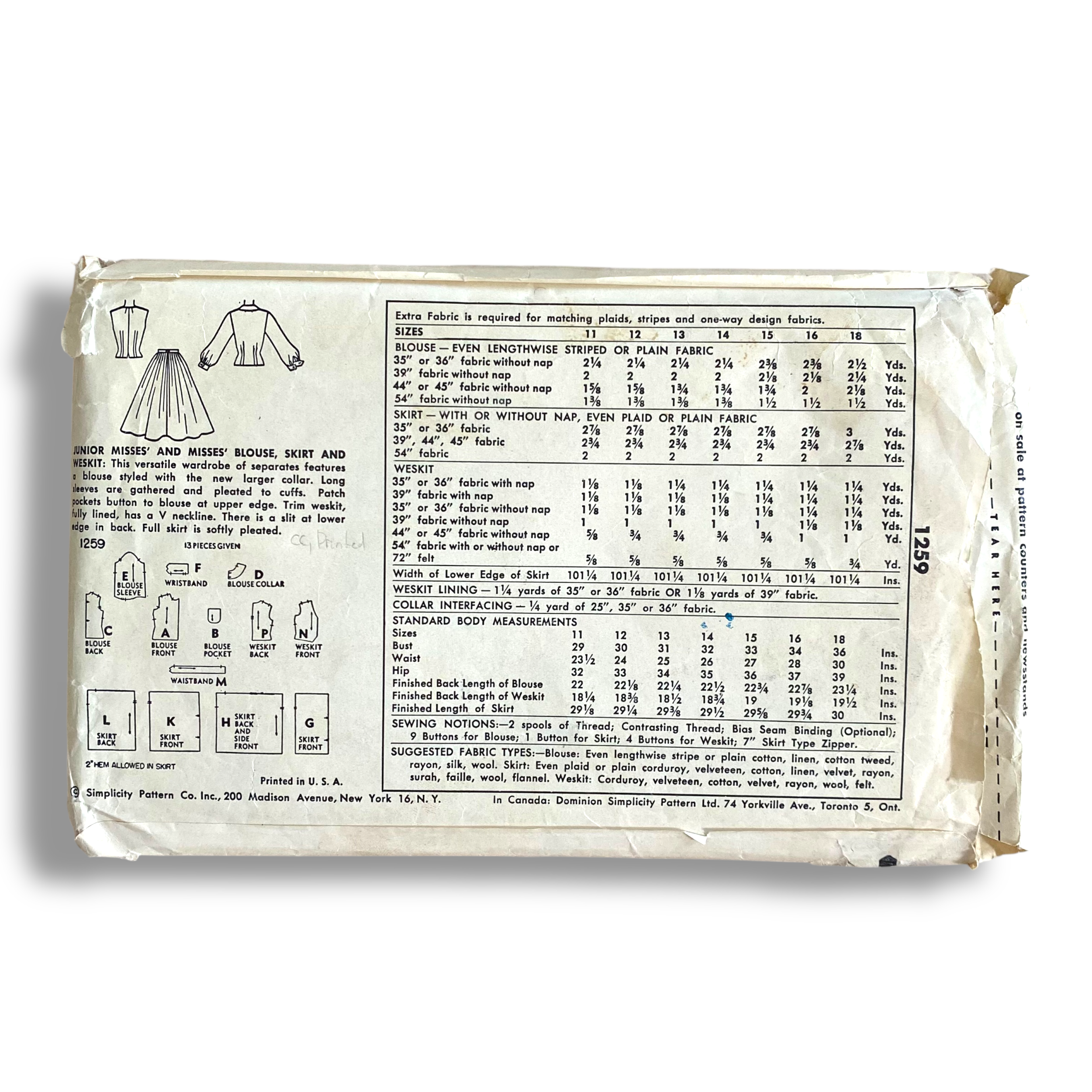 Simplicity 1259, 50s Blouse:Skirt:Weskit, Size 16:34, Cut & Complete, Vintage Sewing Pattern2.png