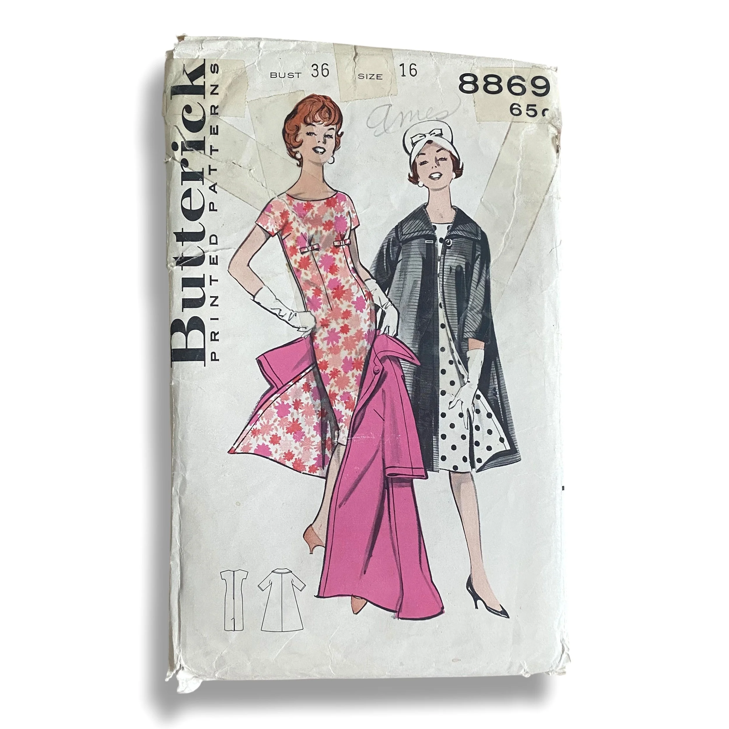 Butterick 8869, 50s Dress/Coat, Sz 16/36, Cut & Complete, Vintage Sewing Pattern