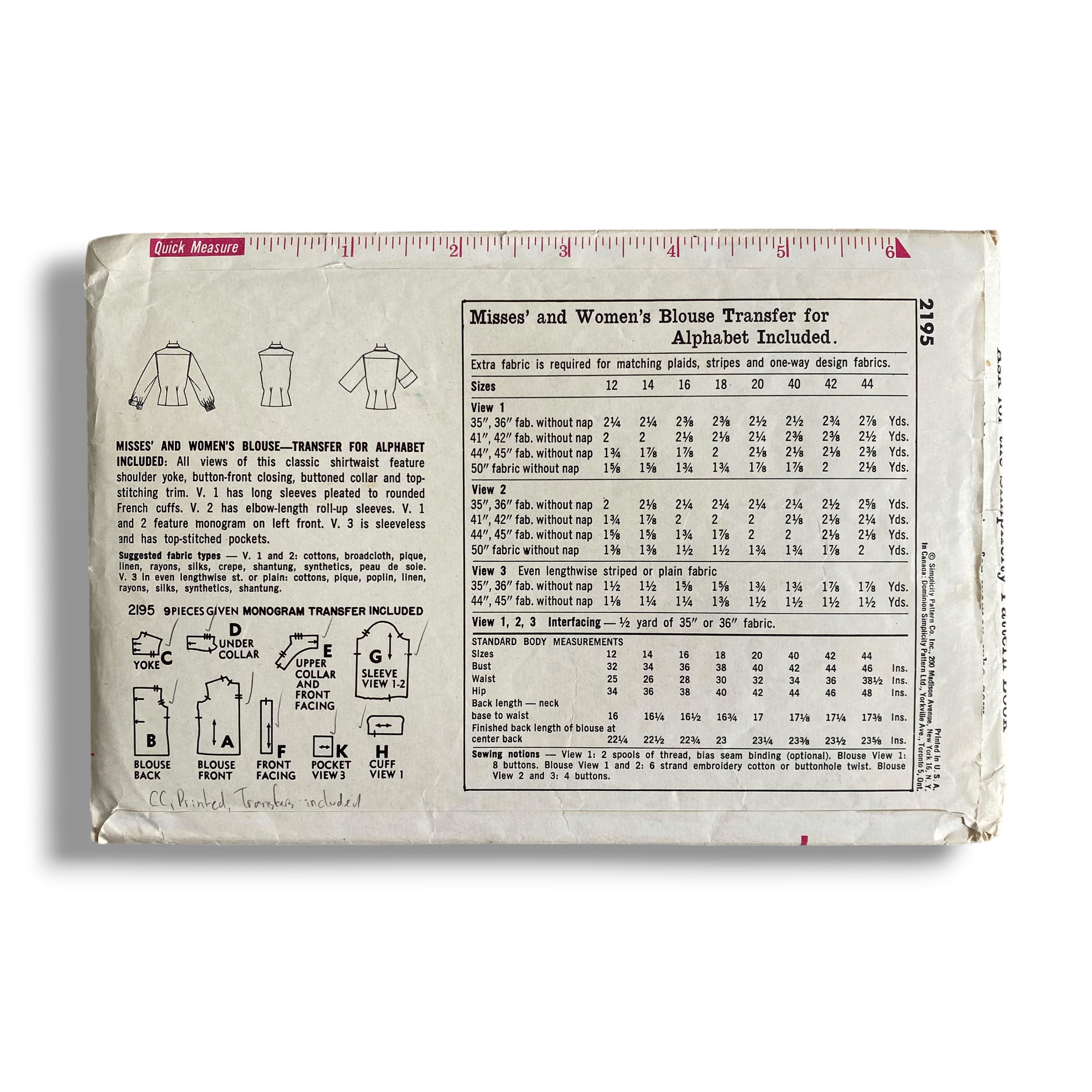 Simplicity 2195, 50s Blouse with Transfers, Size 14:34, Cut & Complete, Vintage Sewing Pattern1.PNG