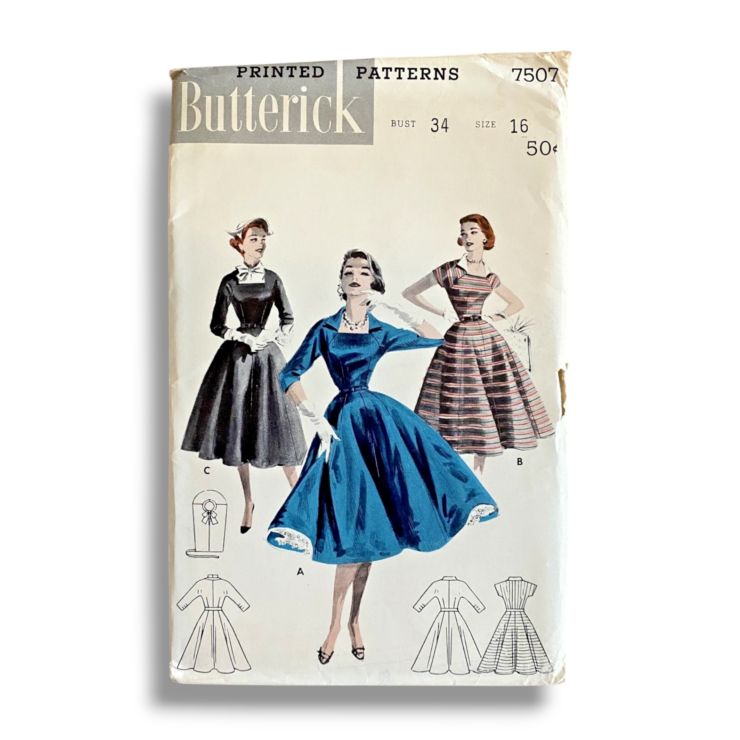 Butterick 7507, 50s Dress, Size 16/34, Factory Folded, Vintage Sewing Pattern