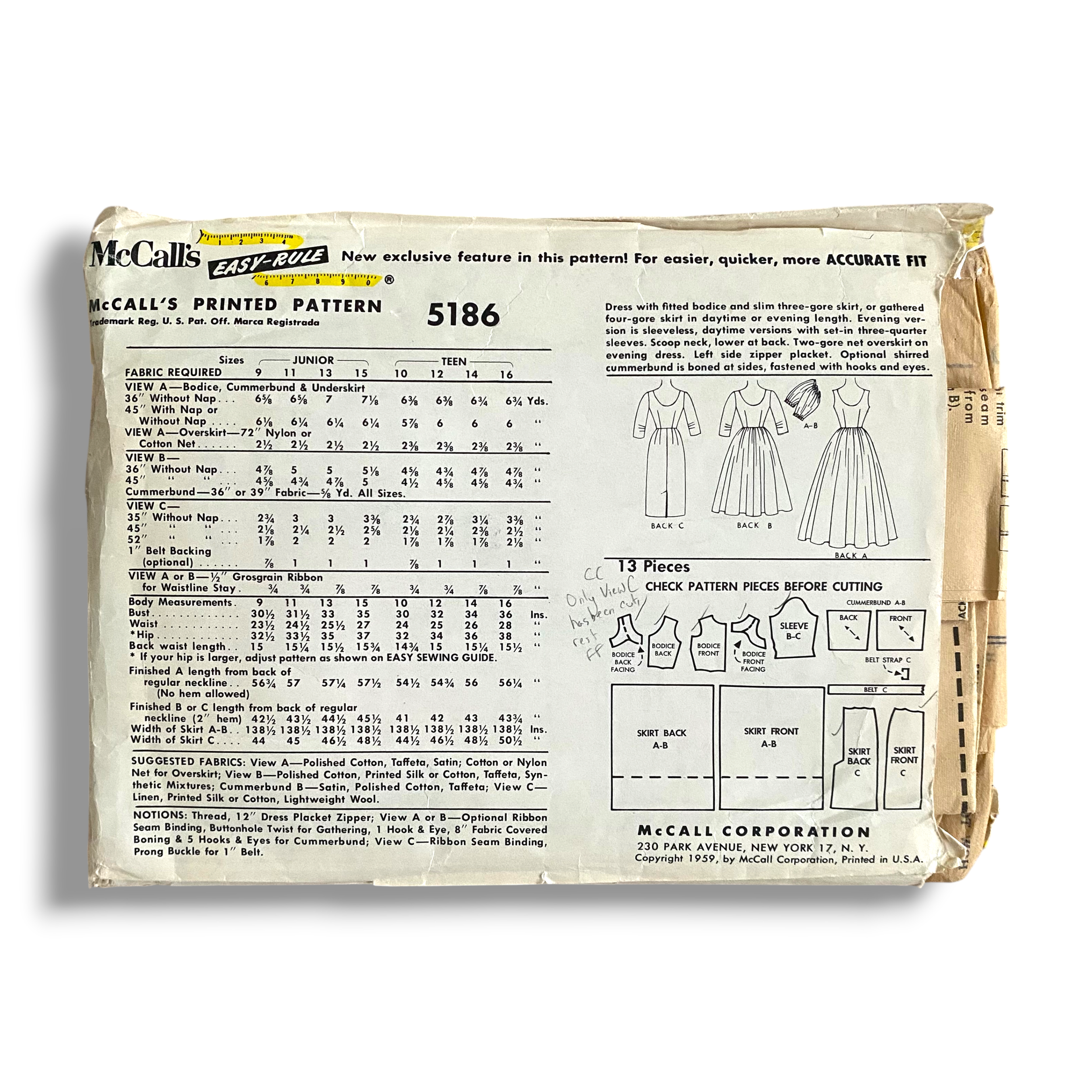 McCalls 5186, 50s Dress & Cummerbund, Size 13:33, Cut & Complete, Vintage Sewing Pattern1.PNG