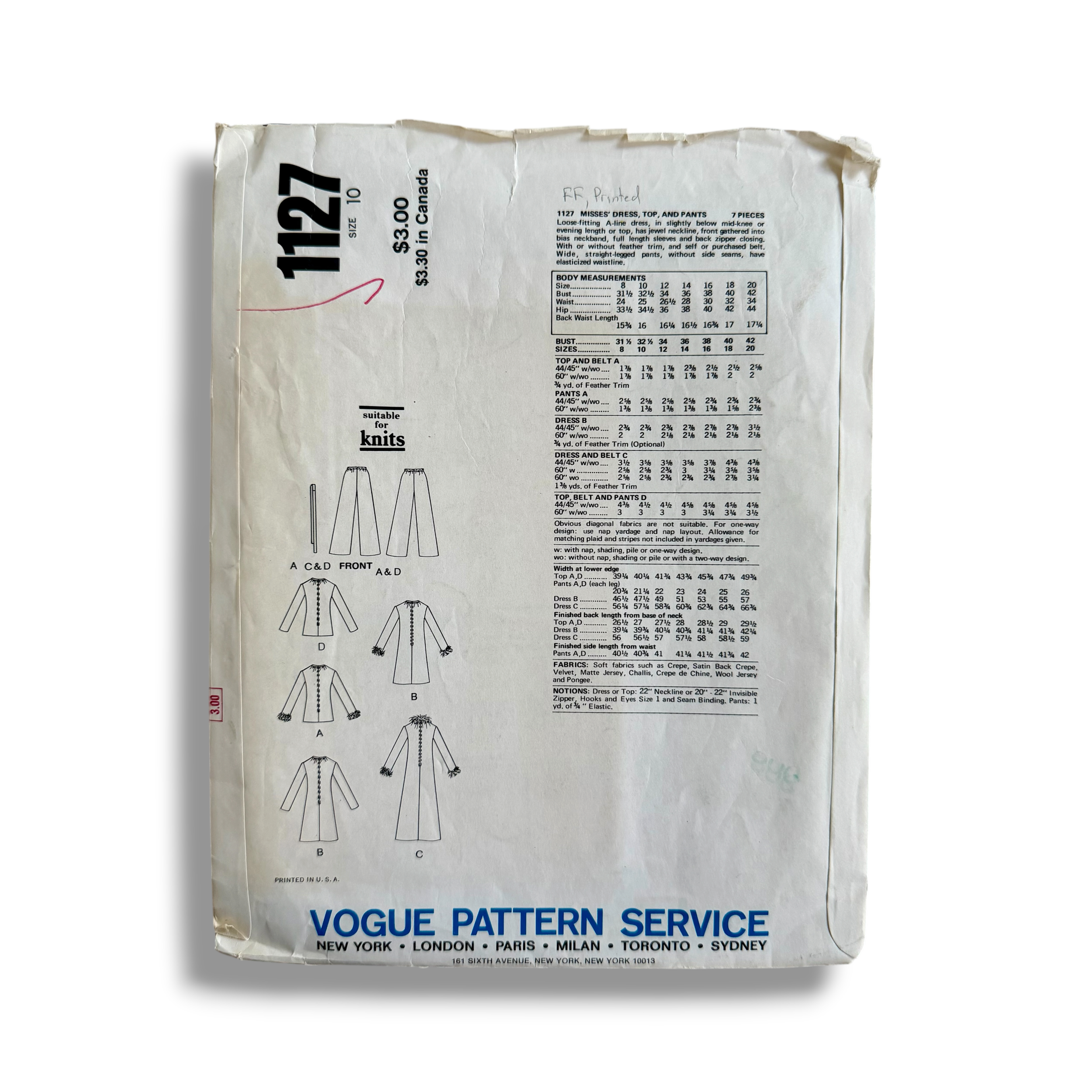 Vogue's Basic Design 1127, 70s A-Line Dress Top & Pants, Size 10, Bust 32.5, Factory Folded, Vintage Sewing Pattern2.PNG