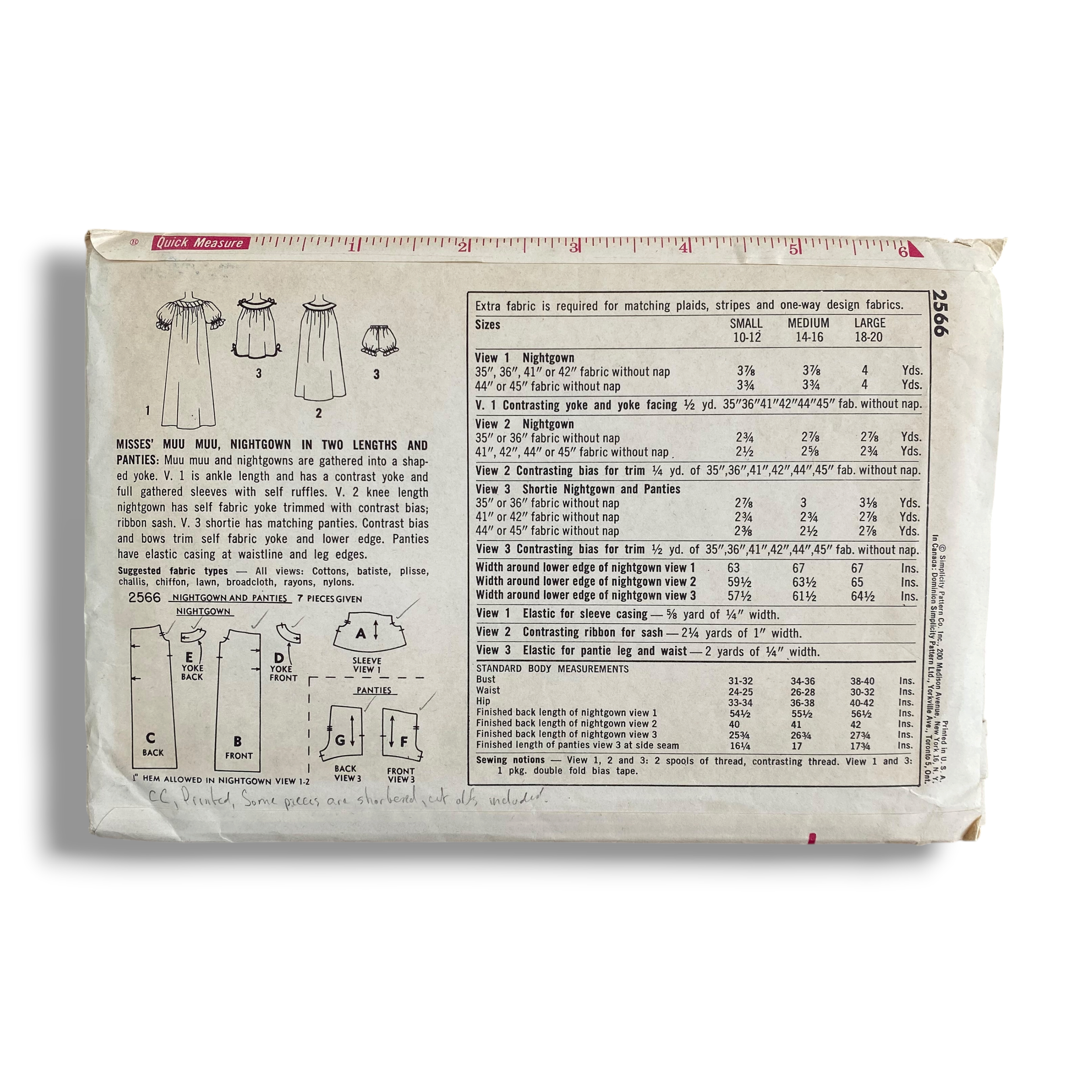 Simplicity 2566, 50s Muu Muu, Nightgown & Panties, Size Small, Cut & Complete, Vintage Sewing Pattern1.PNG