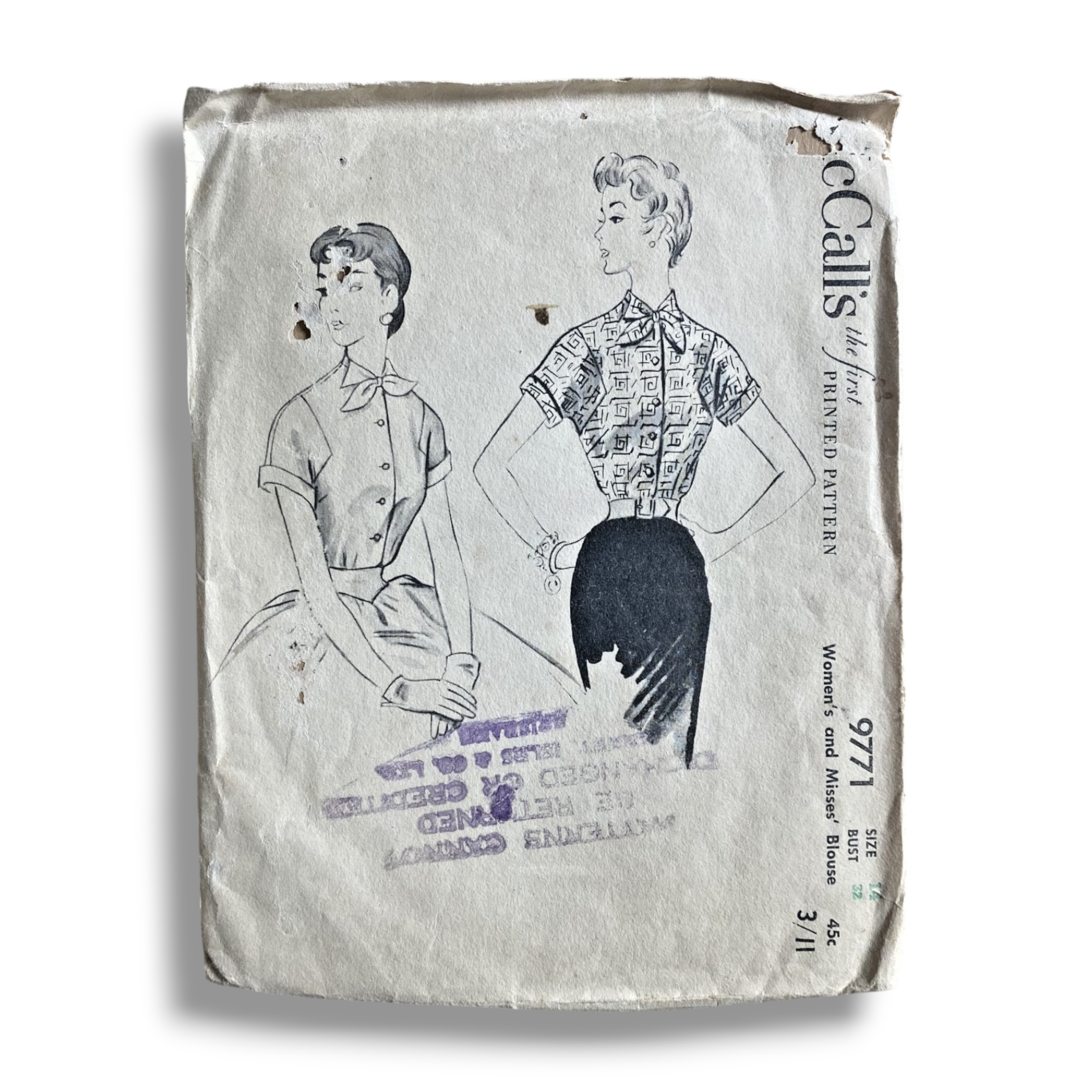 McCalls 9771, 50s Blouse, Size 14/32, Factory Folded, Vintage Sewing Pattern