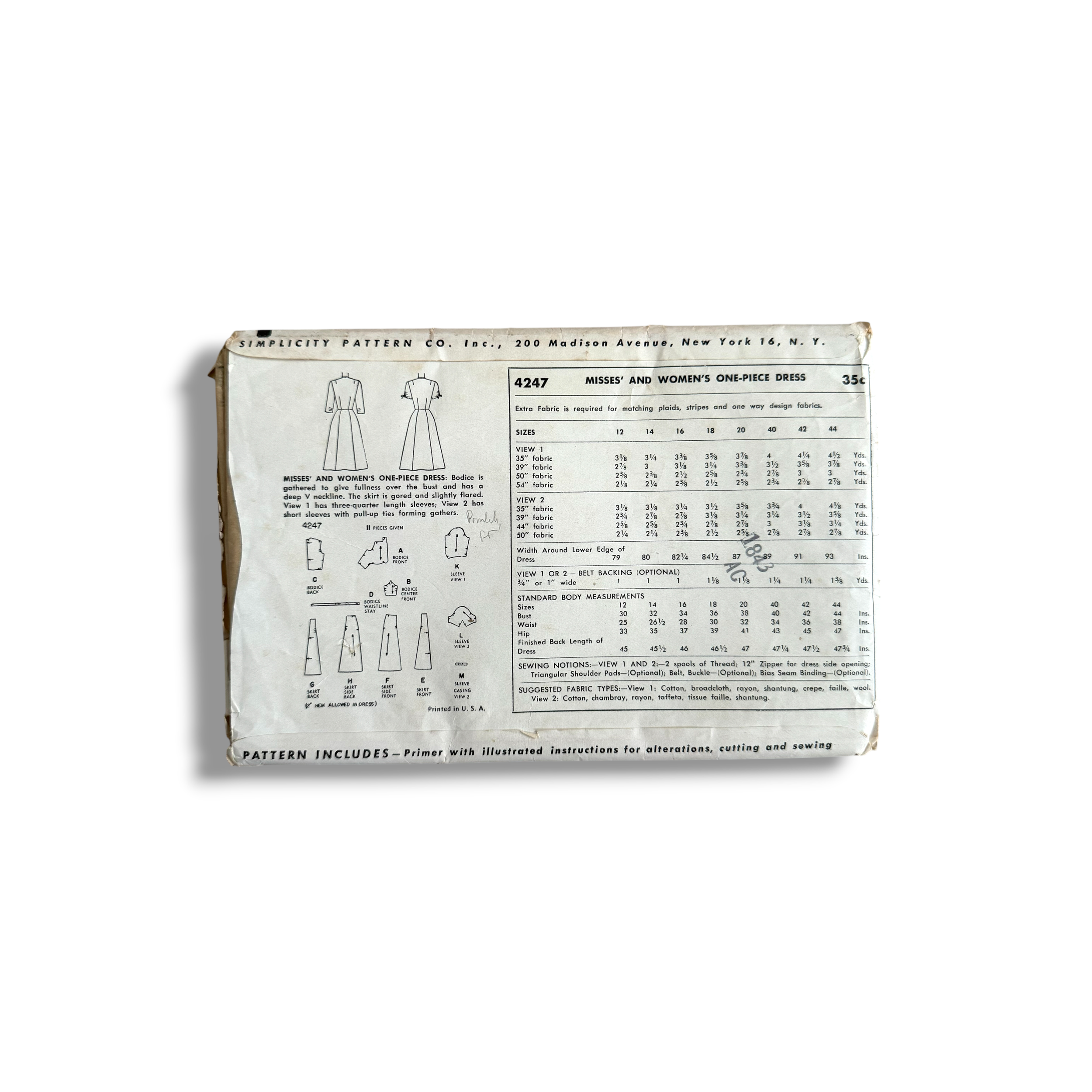 Simplicity 4247, 50s Dress, Bust 40 Hip 43, Factory Folded, Vintage Sewing Pattern1.PNG