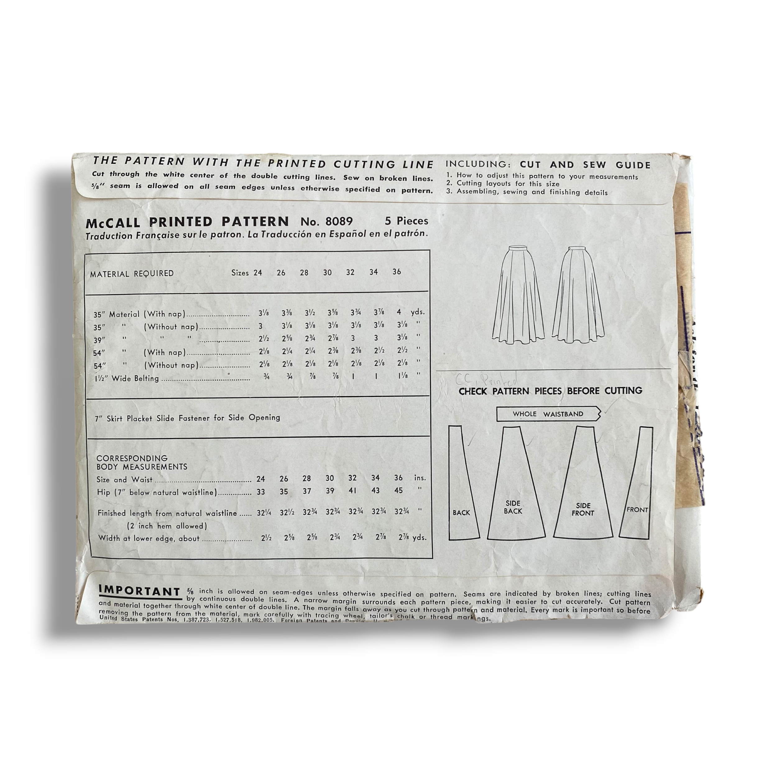 McCall 8089, 50s Skirt, Waist 36, Cut & Complete, Vintage Sewing Pattern1.PNG