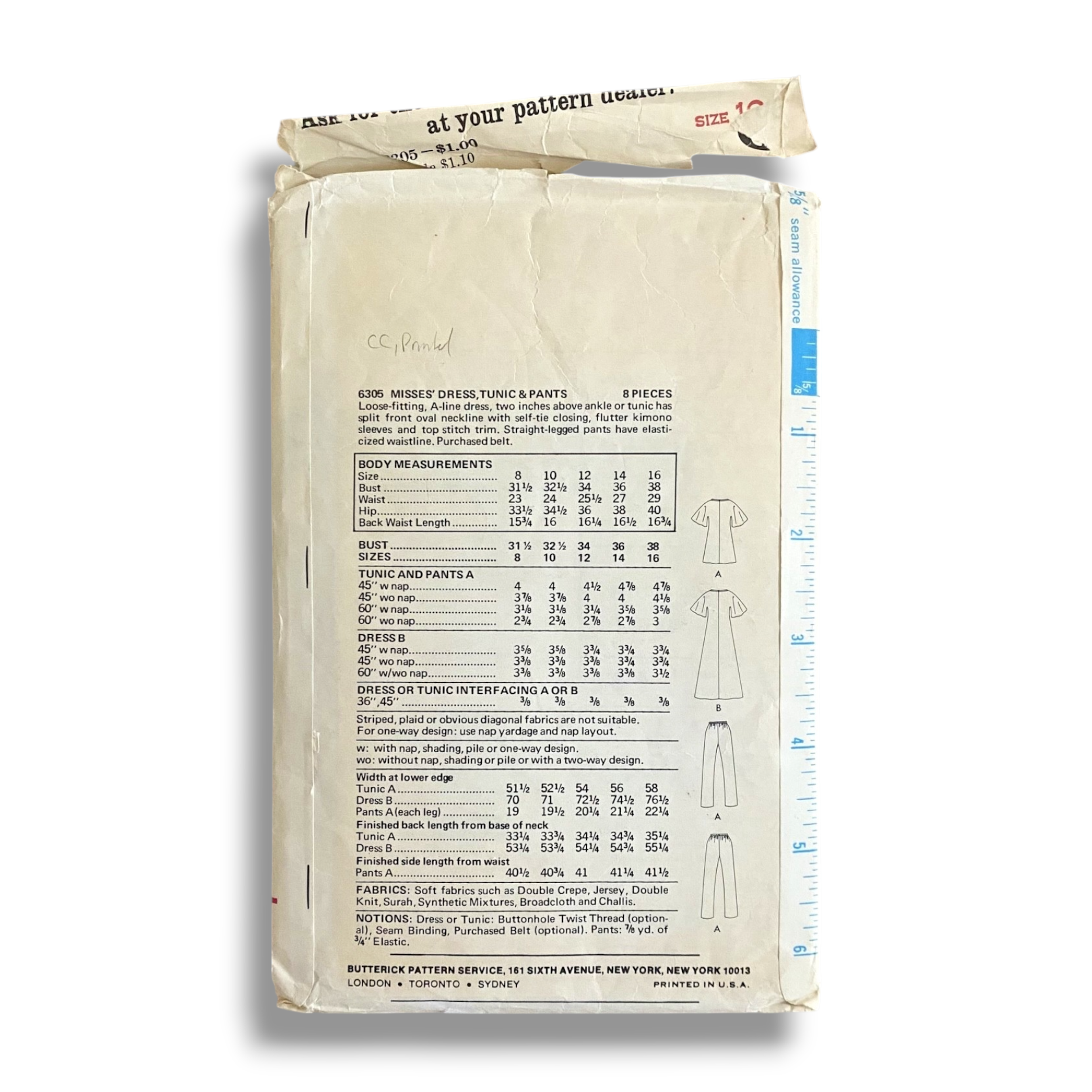 Butterick 6305, 70s Dress:Tunic:Pant, Size 10:32.5, Cut & Complete, Vintage Sewing Pattern.PNG