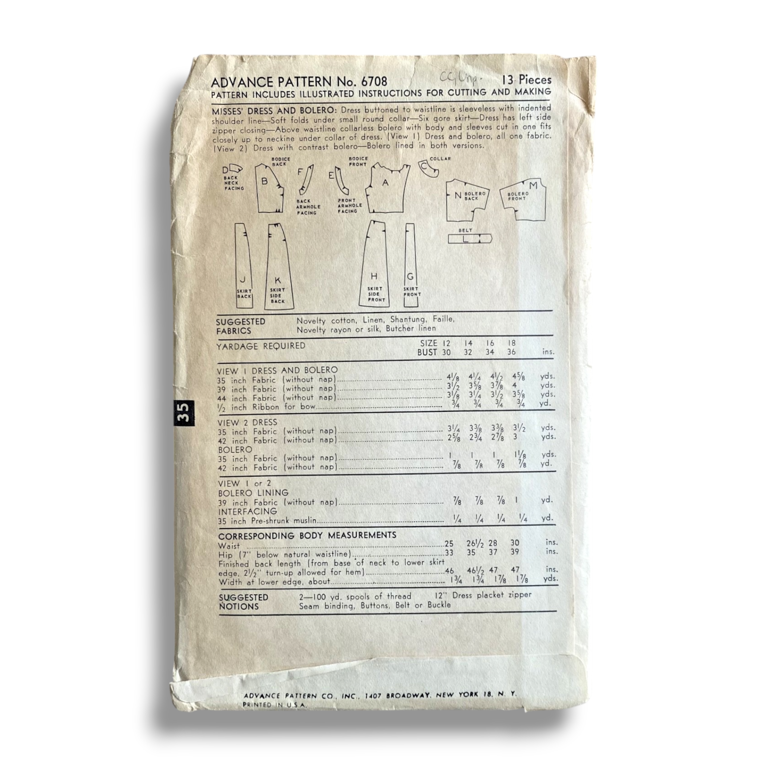 Advance 6708, 50s Dress:Bolero, Size 12:30, Cut & Complete Vintage Sewing Pattern1.PNG