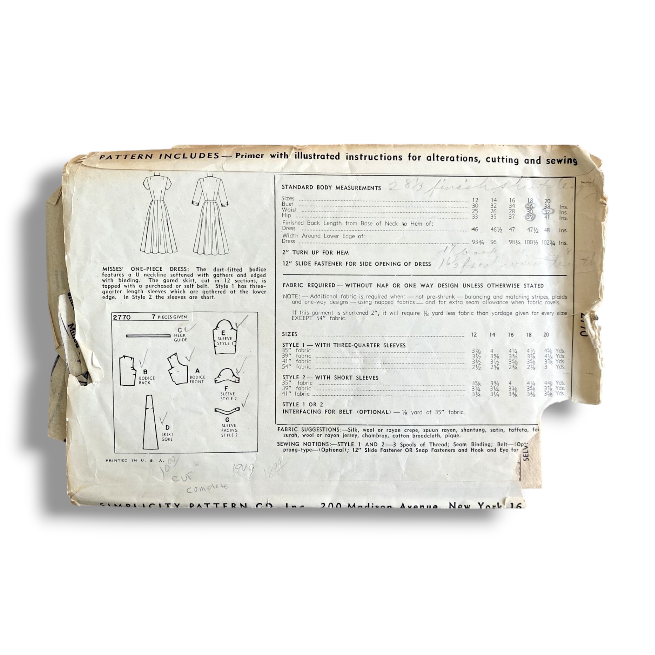 Simplicity 2770, 40s Dress, Size 16:34, Cut & Complete, Vintage Sewing Pattern1.PNG