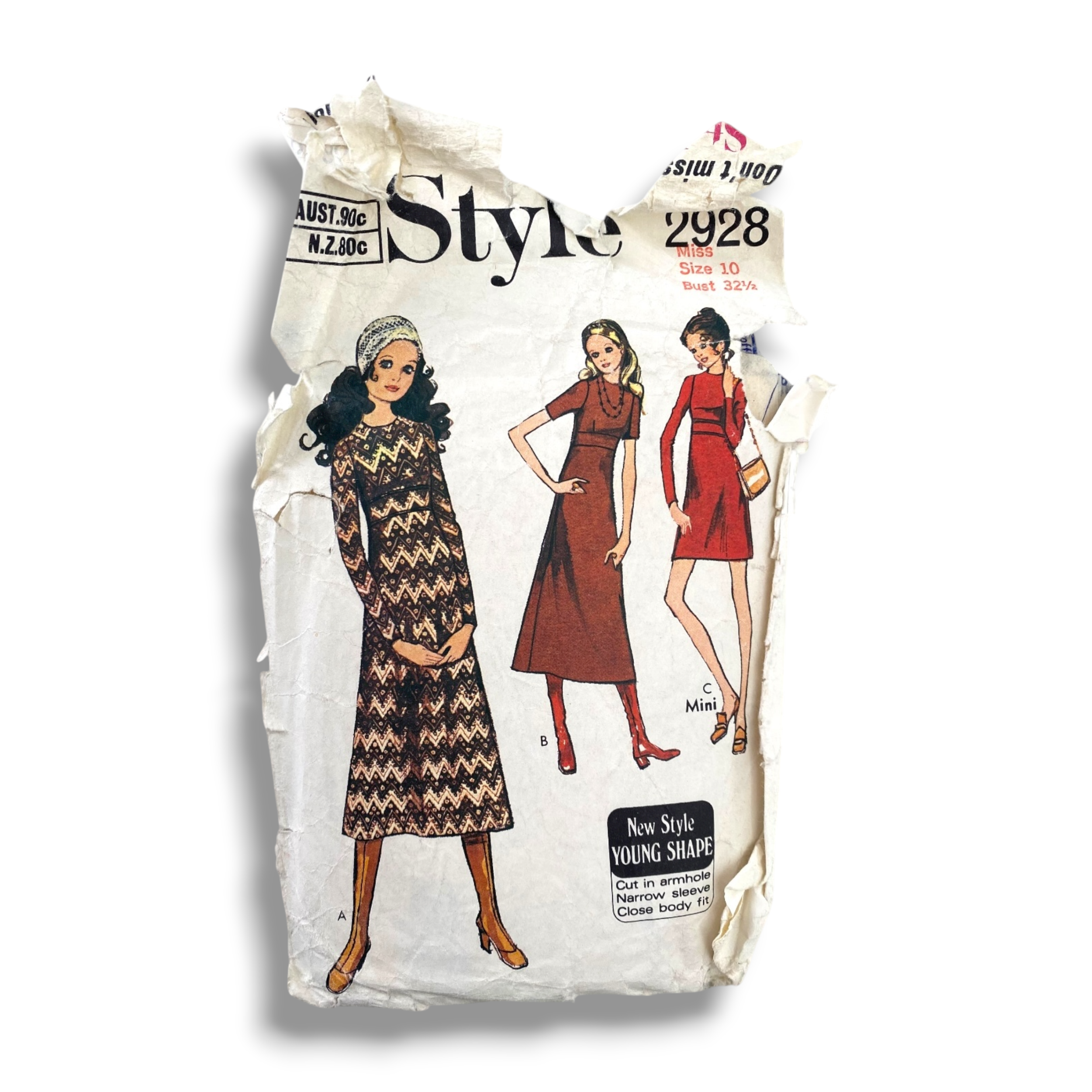 Style 2928, 70s Dress, Size 10/32.5, Unchecked, Vintage Sewing Pattern