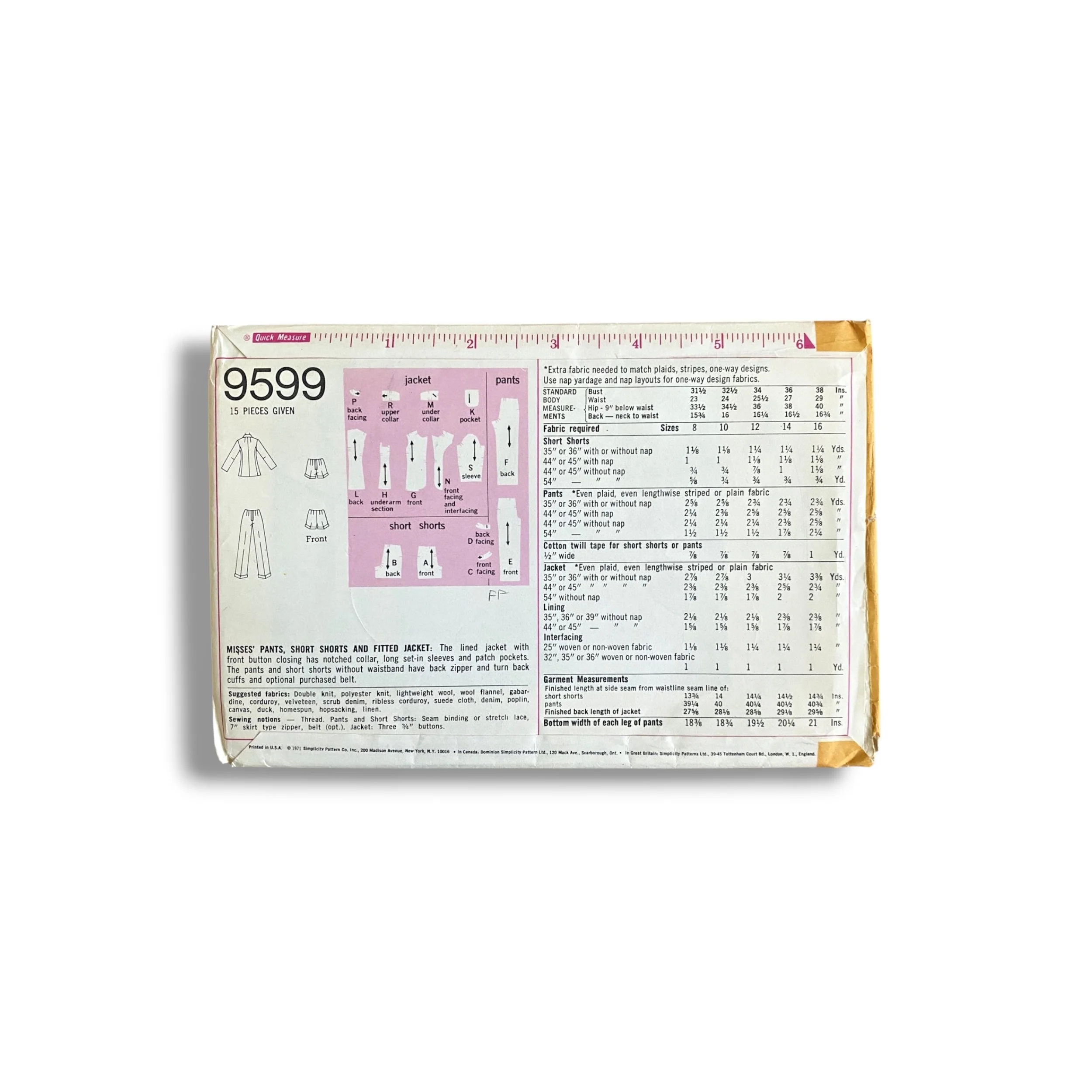 Simplicity 9599, 70s Pant:Short:Jacket, Size 12:34, Factory Folded, Vintage Sewing Pattern1.jpg