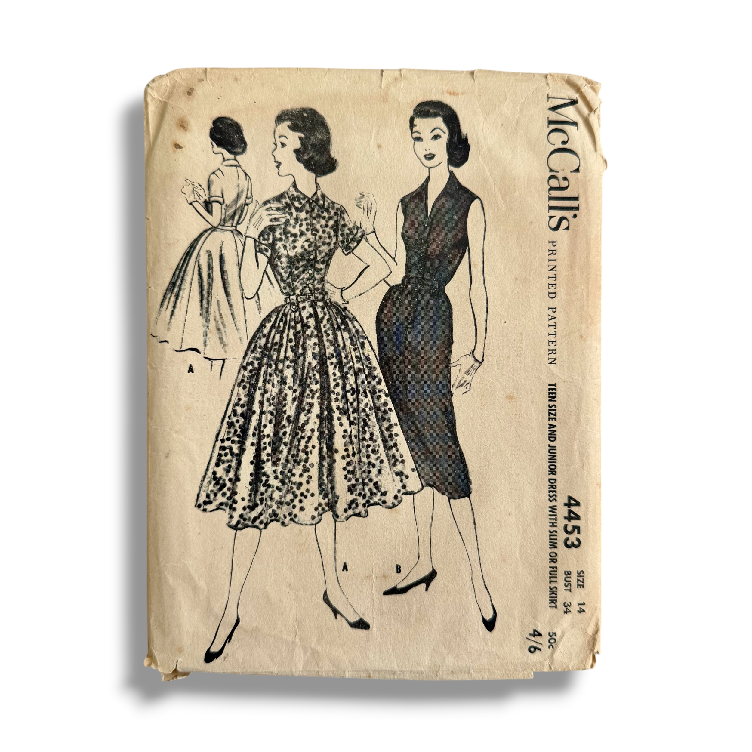 McCall's 4453, 50s Dress with Slim or Full Skirt, Teen Size 14 Bust 34, Unused, Factory Folded, Vintage Sewing Pattern
