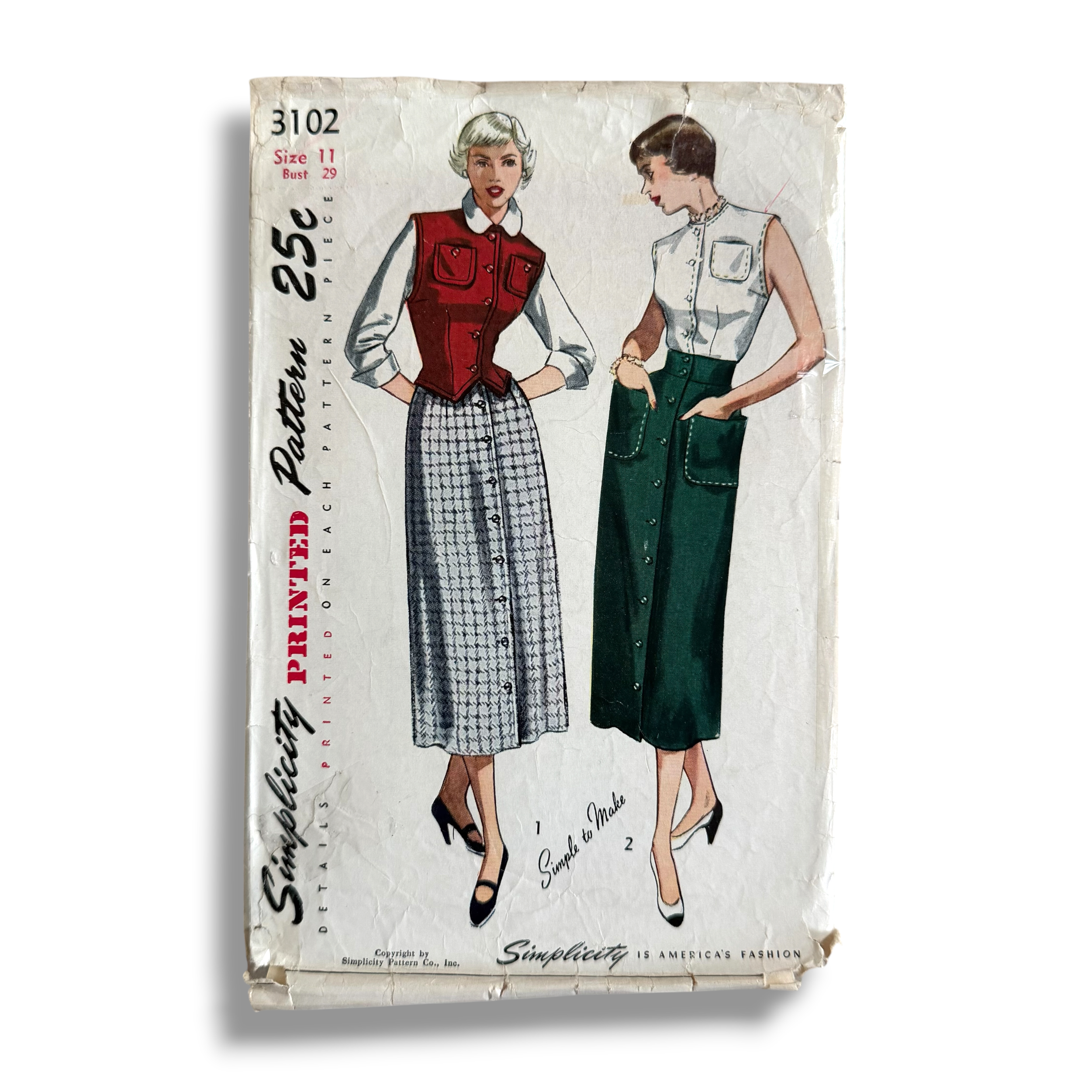 Simplicity 3102, 40s Blouse, Skirt and Weskit, Size 11 Bust 29, Cut, Vintage Sewing Pattern