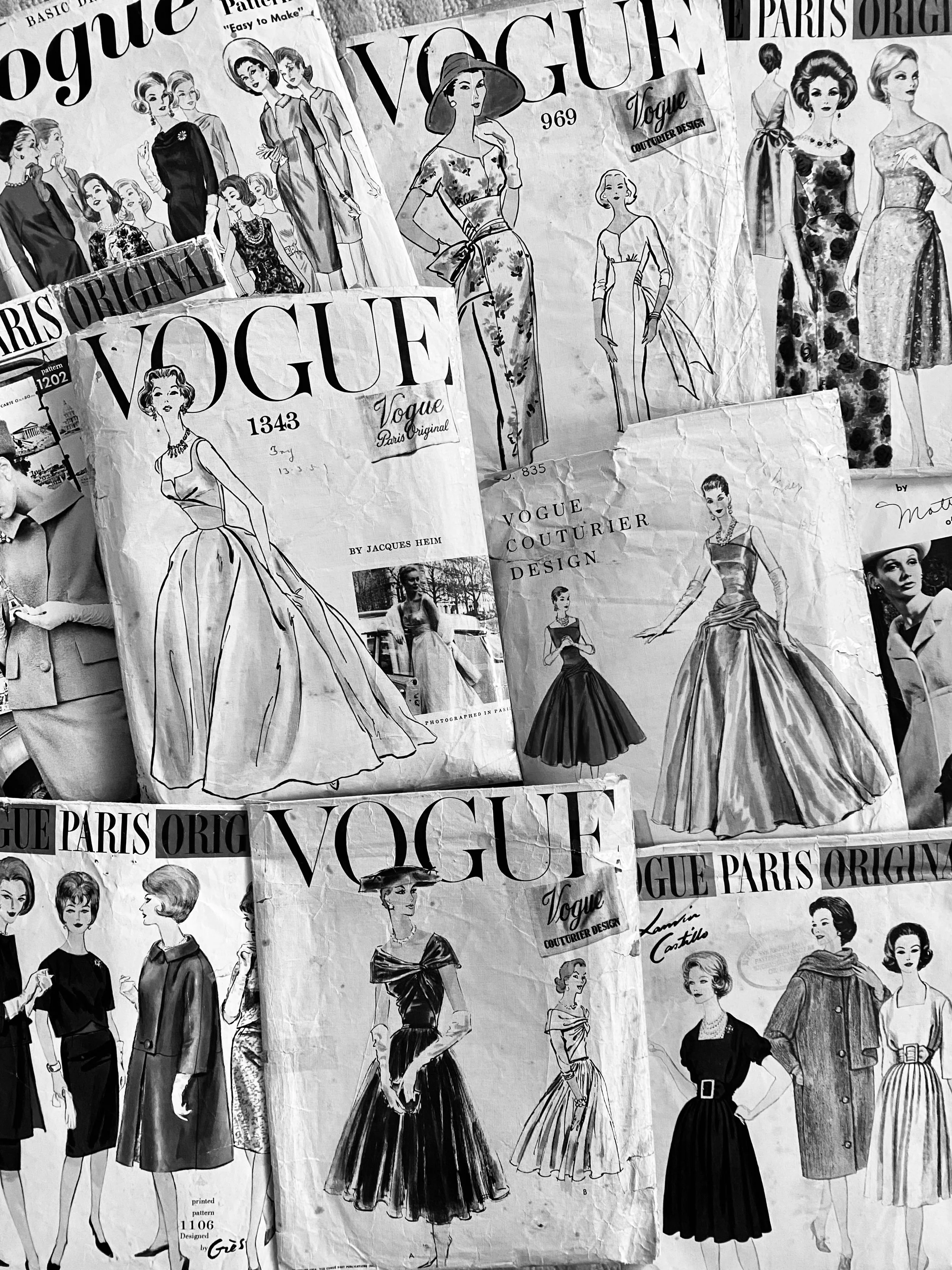 Collage of vintage Vogue magazine covers featuring fashion sketches and photographs of women in 1950s and 1960s styles, with dresses, hats, and accessories.