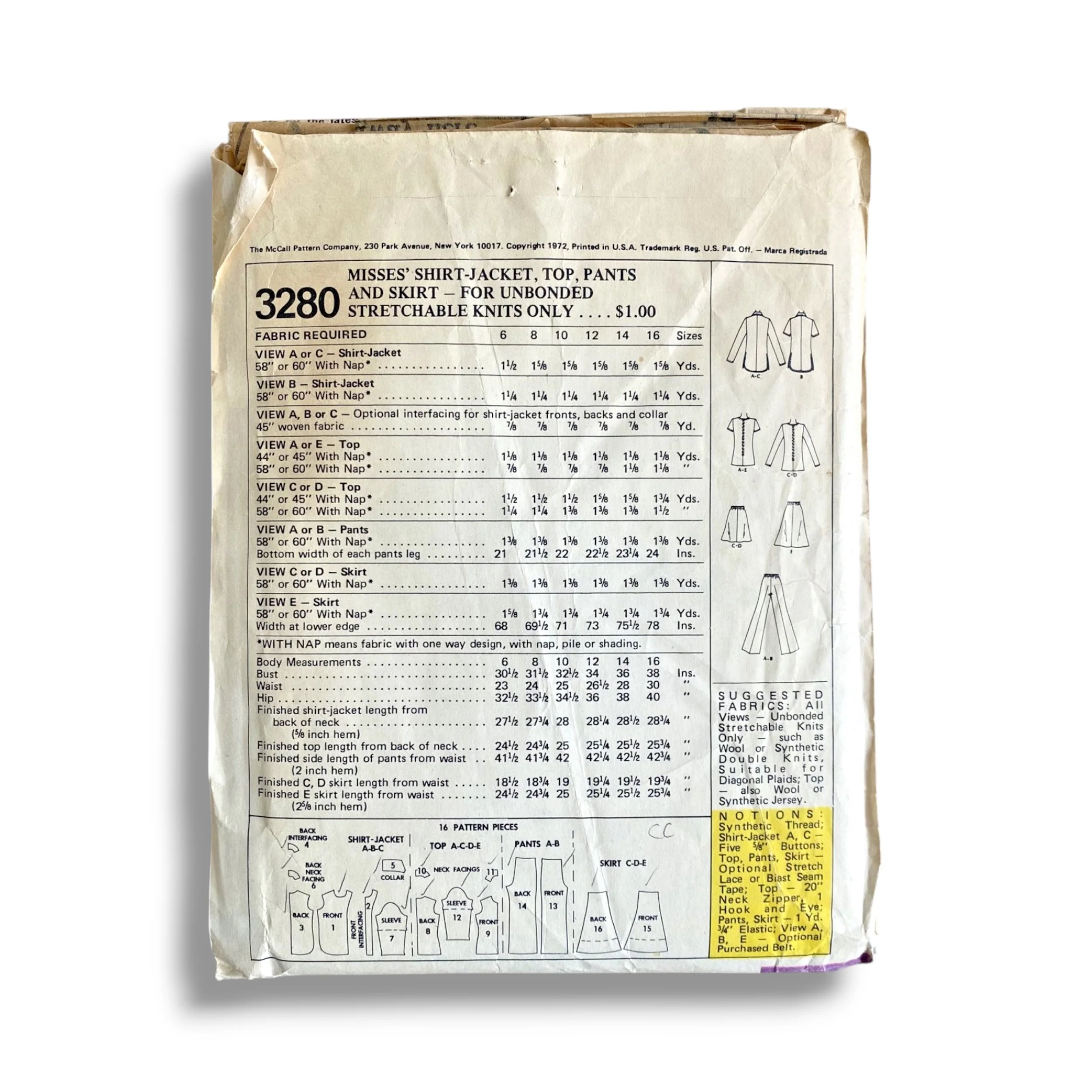 McCalls 3280, 70s Shirt-Jacket:Top:Pant:Skirt, Size 8:31.5, Cut & Complete, Vintage Sewing Pattern1.jpg