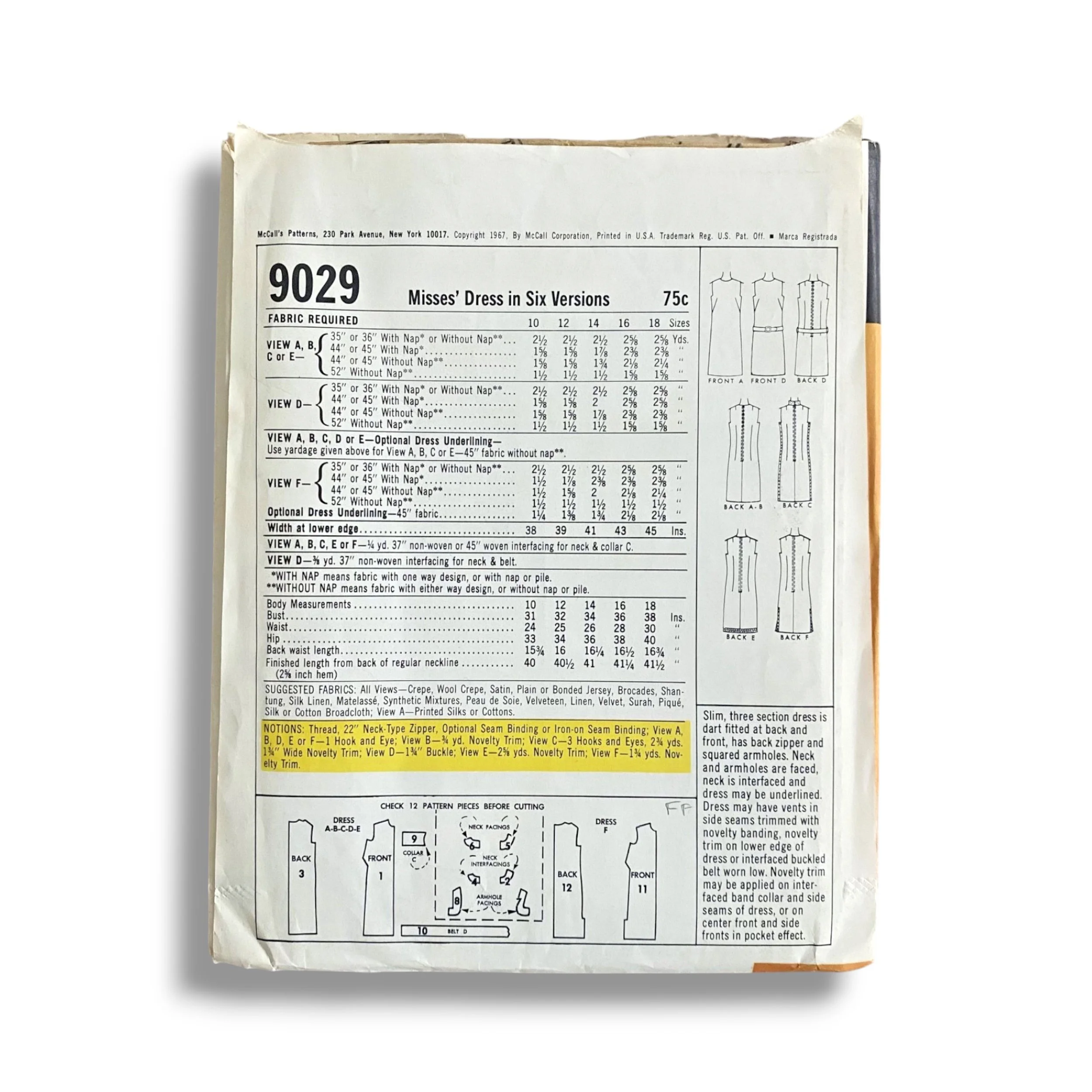 McCalls 9029, 60s Dress, Size 18:38, Factory Folded, Vintage Sewing Pattern1.jpg