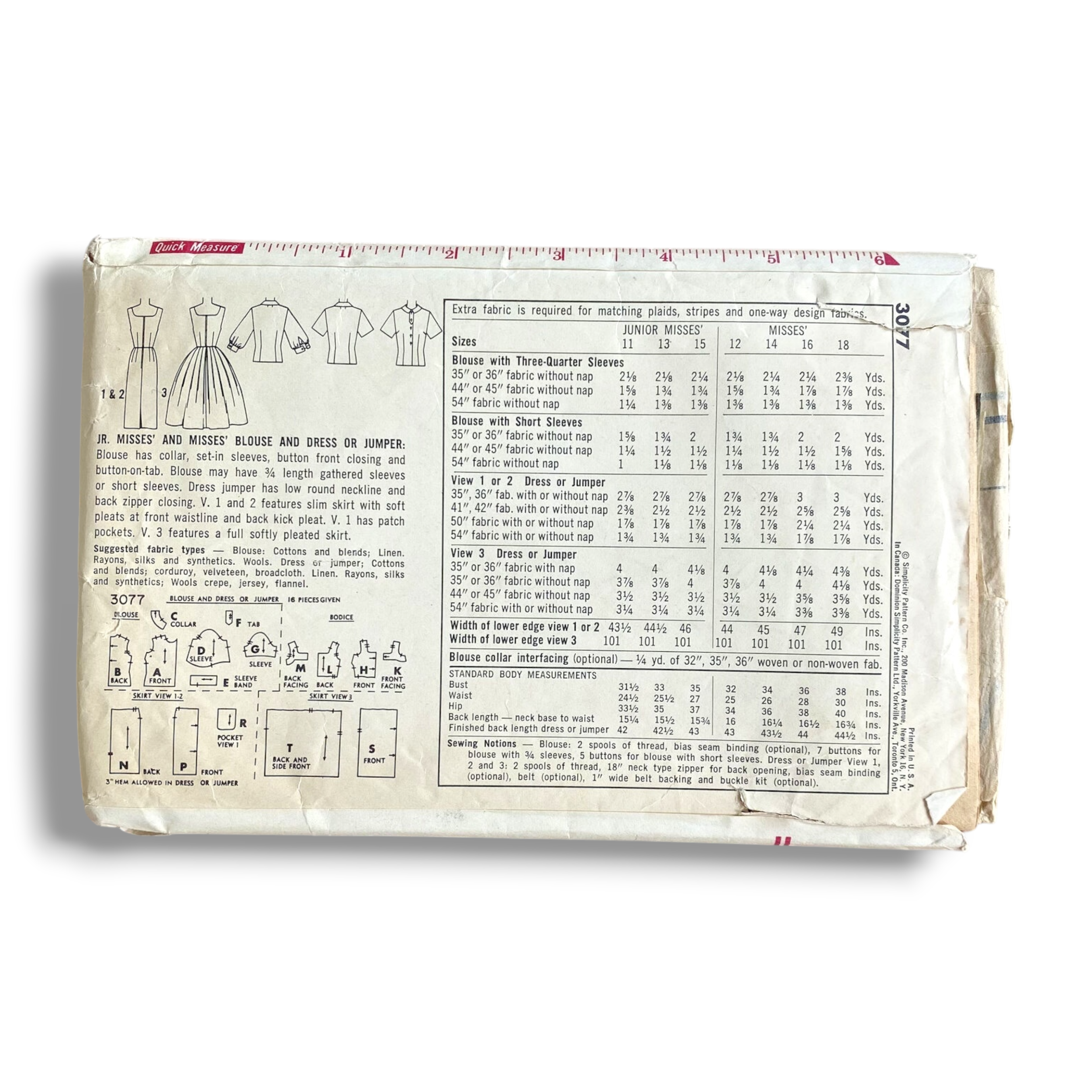 Simplicity 3077, 50s Dress:Blouse:Jumper, Size 12:32, Cut & Complete, Vintage Sewing Pattern1.PNG