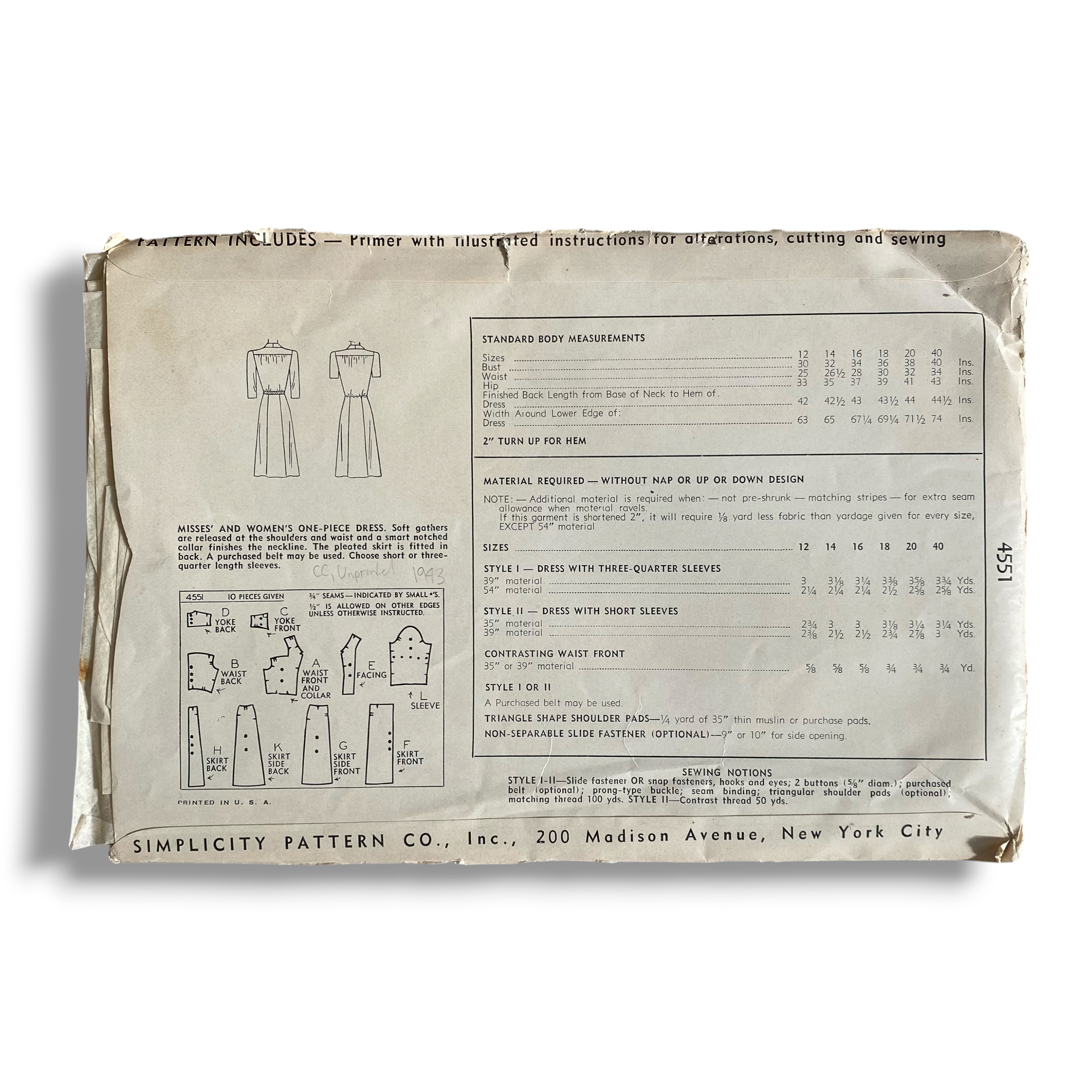 Simplicity 4551, 40s Dress, Size 18:36, Cut & Complete, Vintage Sewing Pattern1.PNG