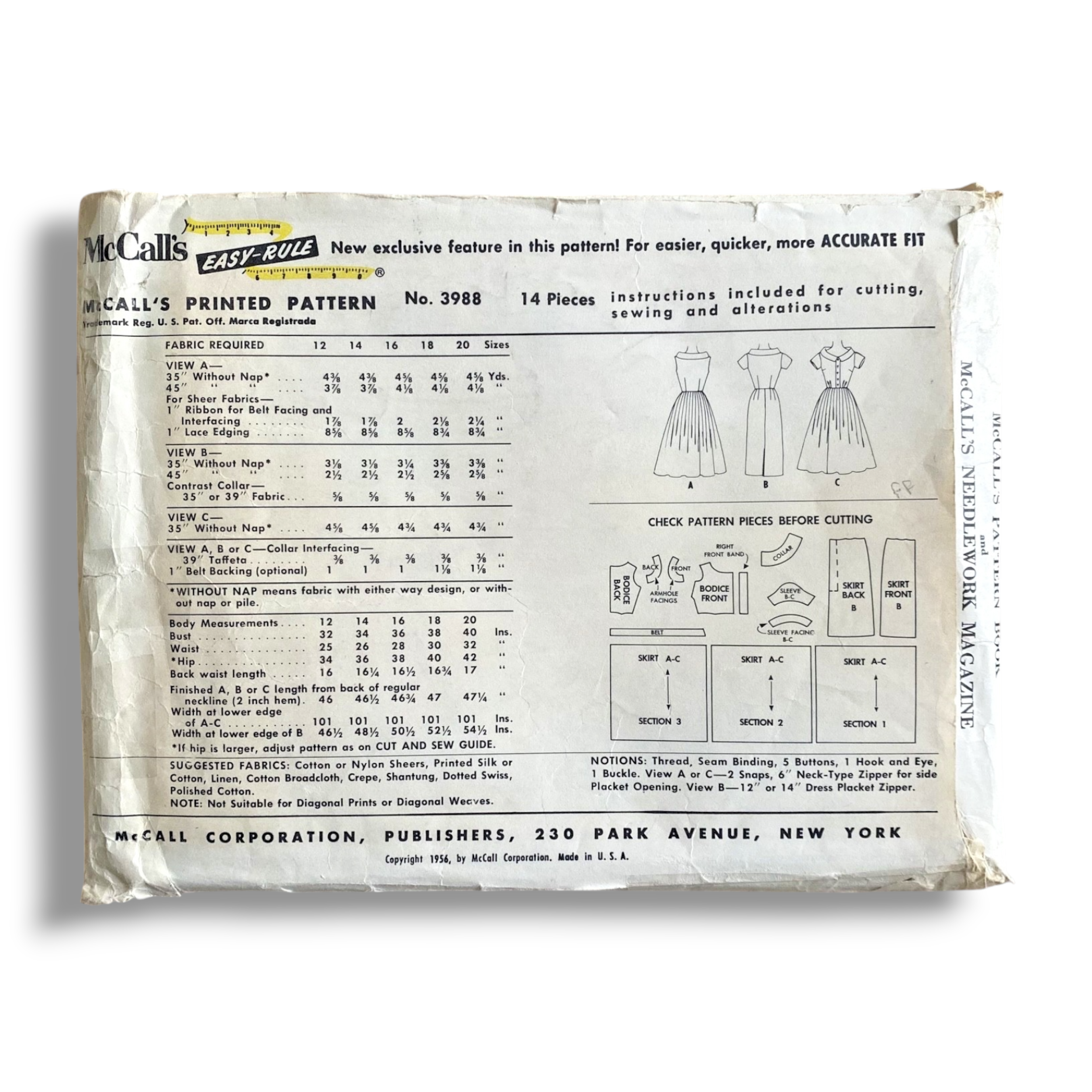 McCalls 3988, 50s Dress, Size 12:32, Factory Folded, Vintage Sewing Pattern1.PNG