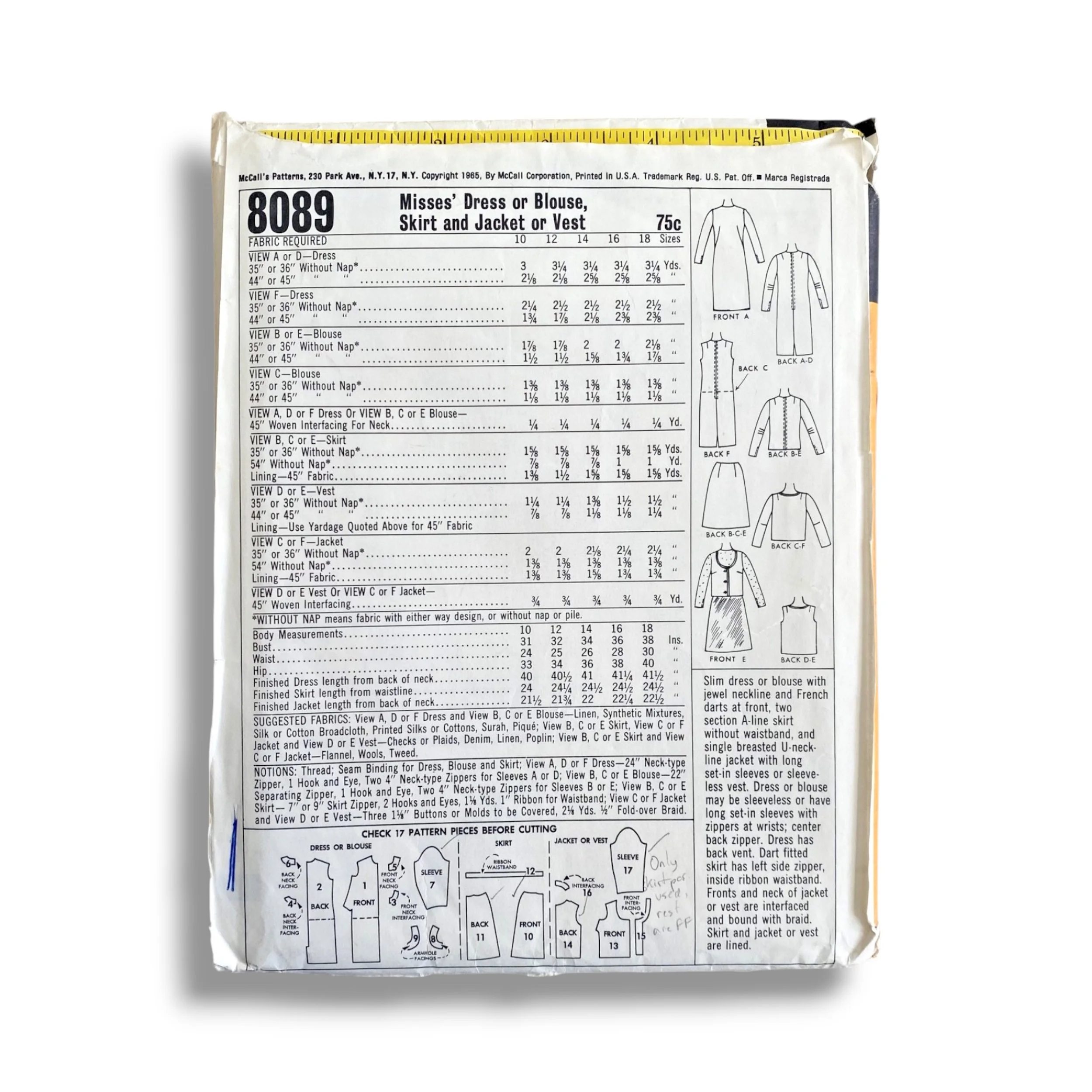 McCalls 8089, 60s Dress:Blouse:Skirt:Jacket:Vest, Size 12:32, Cut & Complete, Vintage Sewing Pattern1.jpg