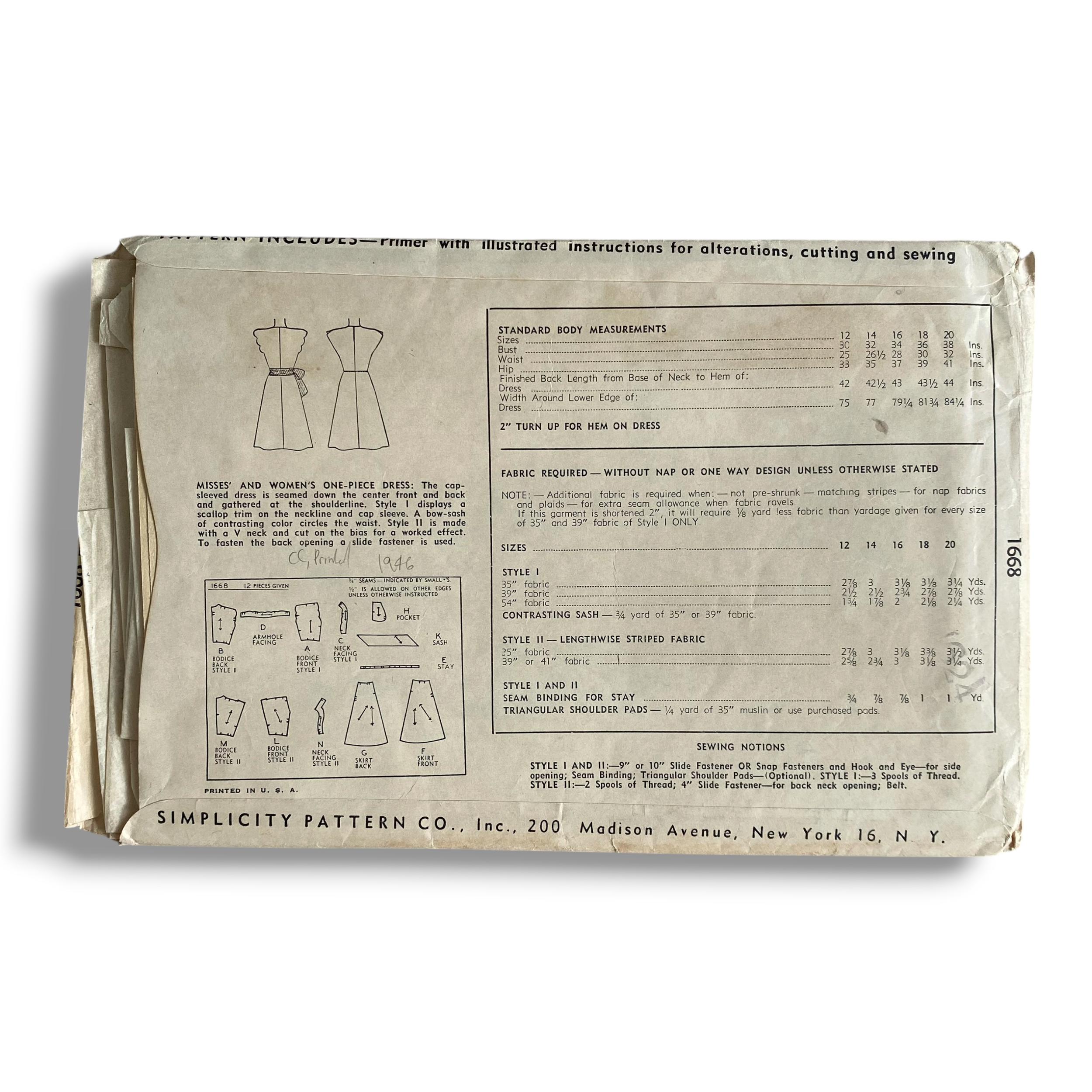 Simplicity 1668, 40s Dress, Size 20:38, Cut & Complete, Vintage Sewing Pattern0.PNG