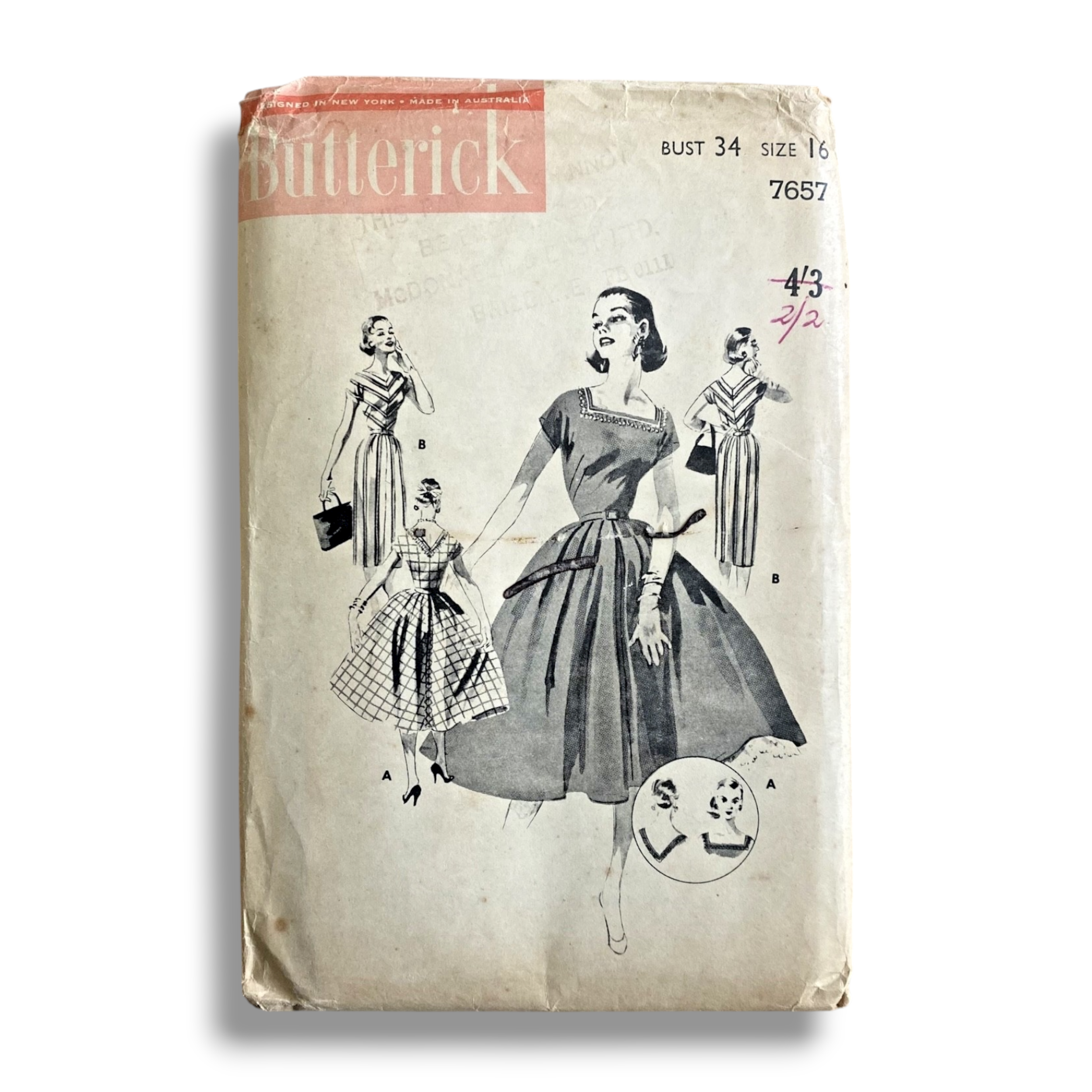 Butterick 7657, 50s Dress, Size 16:34, Factory Folded, Vintage Sewing Pattern.PNG