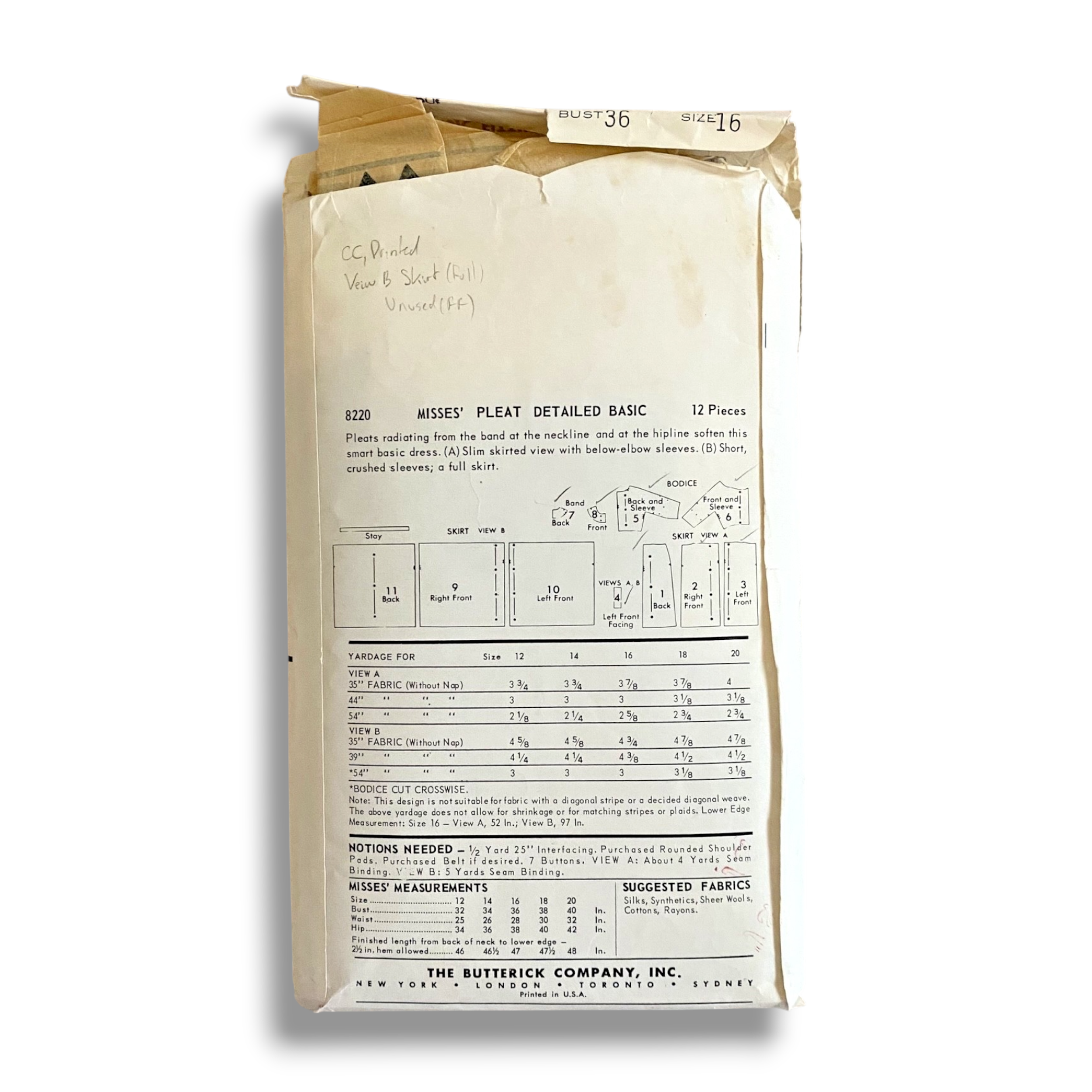 Butterick 8220, 50s Dress, Size 16:36, Cut & Complete, Vintage Sewing Pattern1.PNG