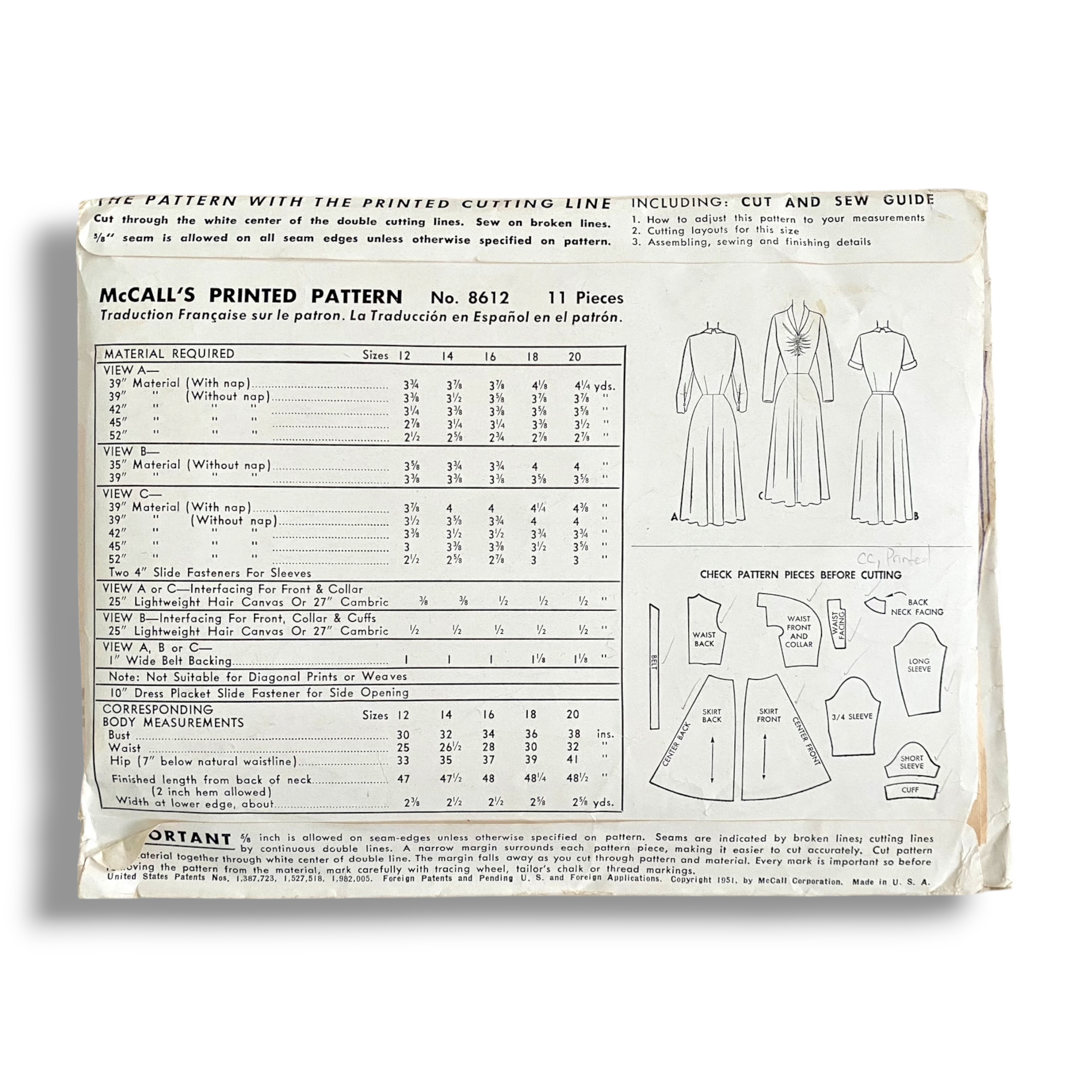 McCalls 8612, 50s Dress, Size 14:32, Cut & Complete, Vintage Sewing Pattern1.PNG