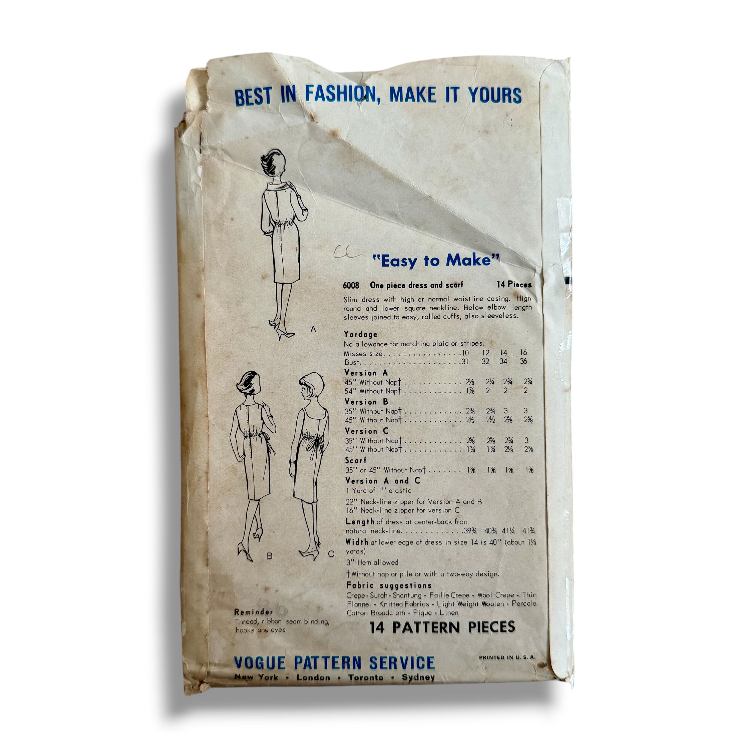 Vogue 6008, 60s Dress & Scarf, Size 12 Bust 32 Hip 34, Cut & Complete, Vintage Sewing Pattern1.PNG