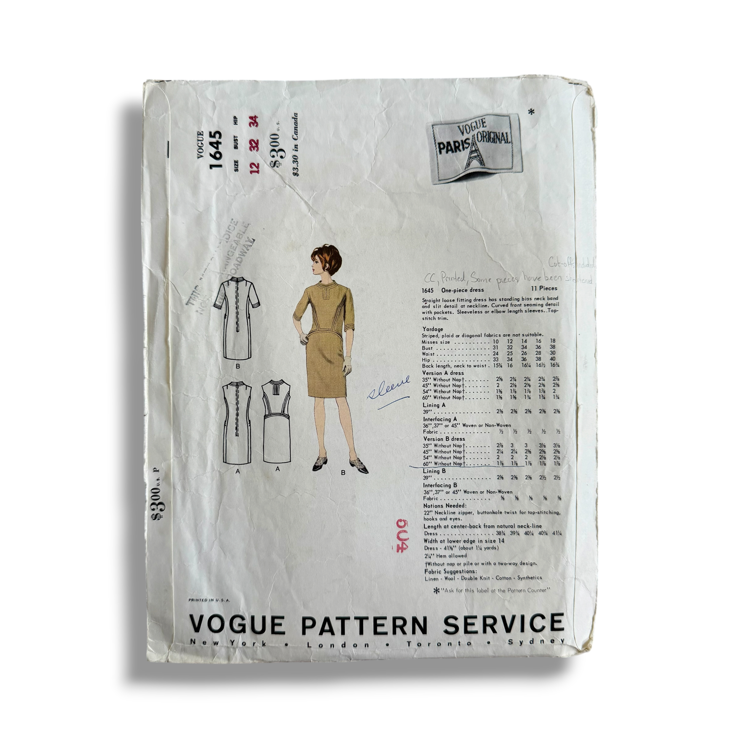 Vogue Paris Original 1645 – Balmain, 60s Mod Dress, Size 12 Bust 32, Cut Complete with Label Vintage Sewing Pattern2.PNG