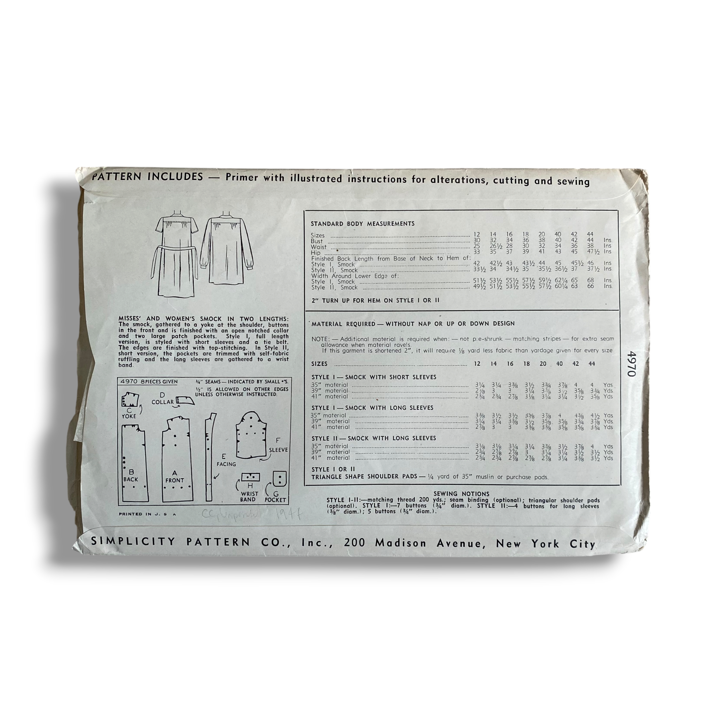 Simplicity 4970, 40s Smock, Size 14:32, Cut & Complete, Vintage Sewing Pattern0.PNG