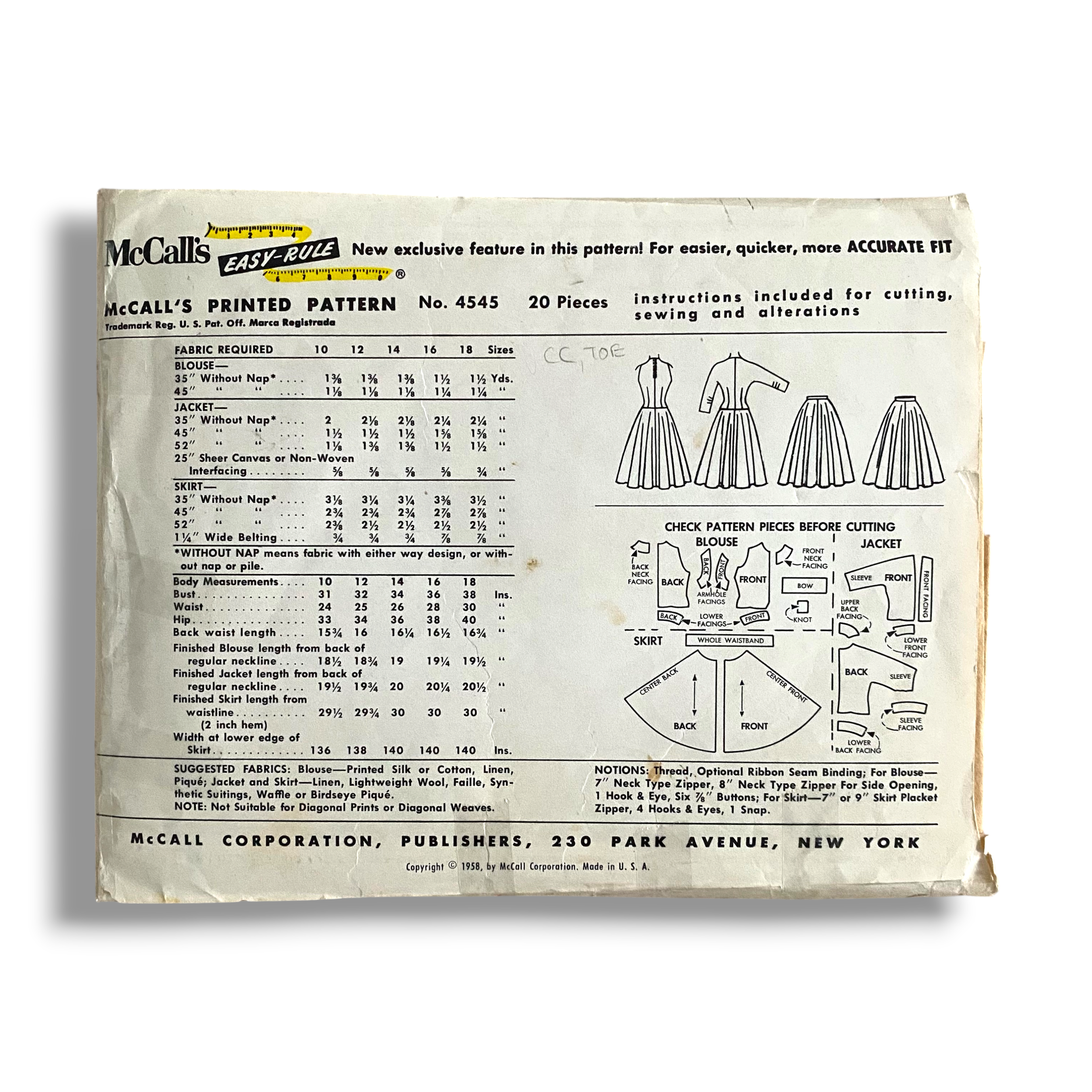 McCalls 4545, 50s Overblouse, Skirt & Jacket, Size 18:38, Cut & Complete, Vintage Sewing Pattern1.PNG