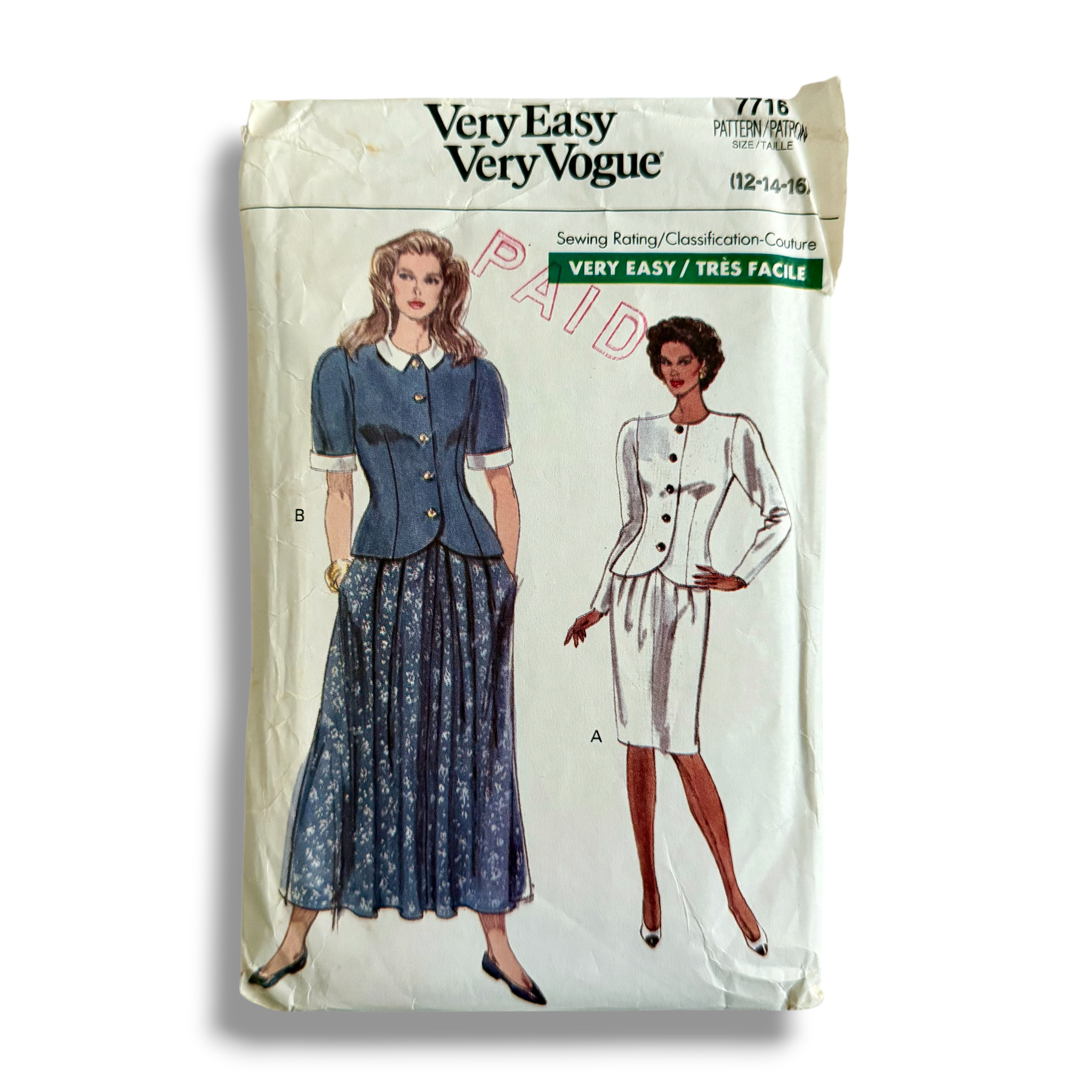 Vogue 7716, 80s Top & Skirt, Sizes 12-14-16, Cut & Complete, Vintage Sewing Pattern
