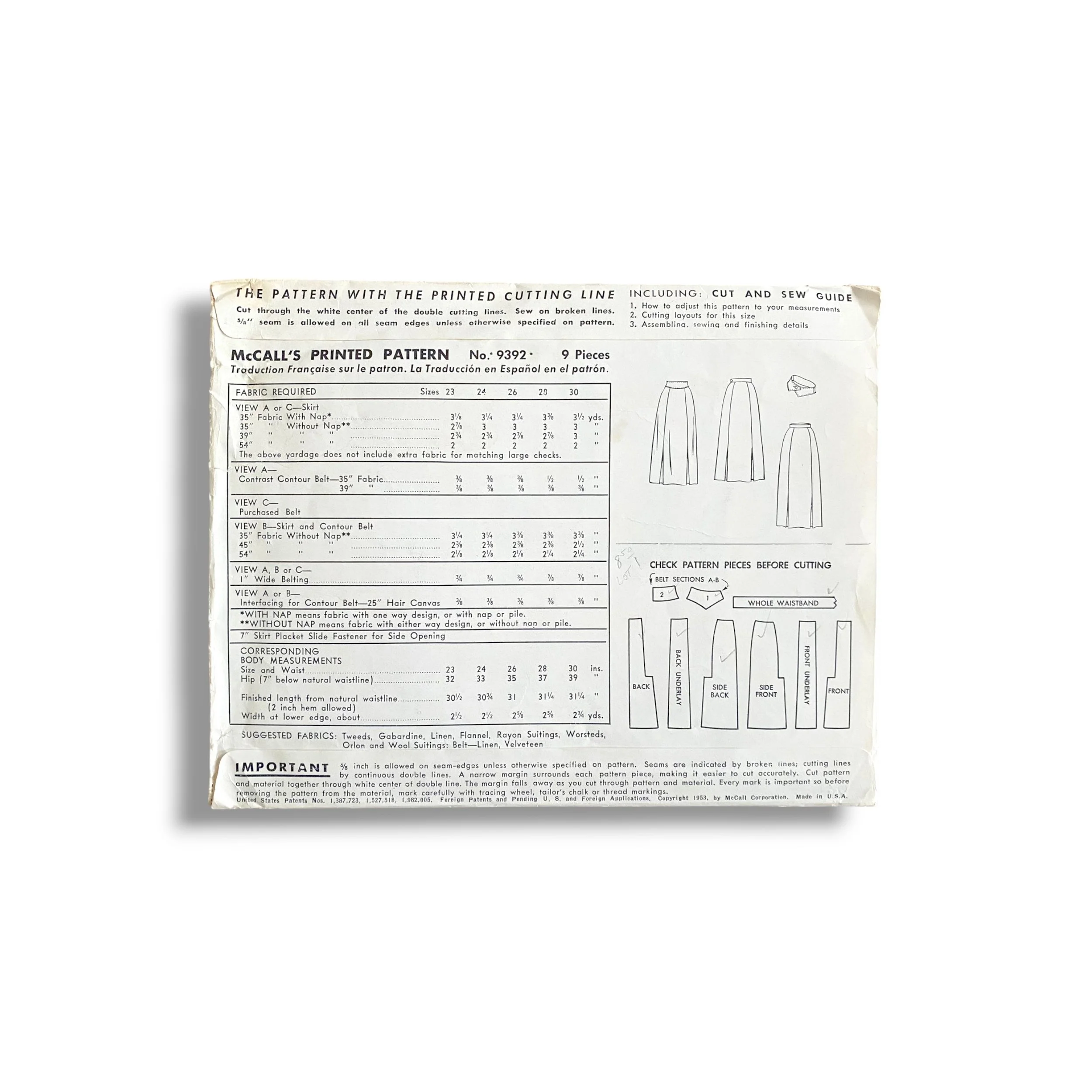 McCalls 9392, 50s Skirt, Waist 26, Cut & Complete, Vintage Sewing Pattern1.jpg
