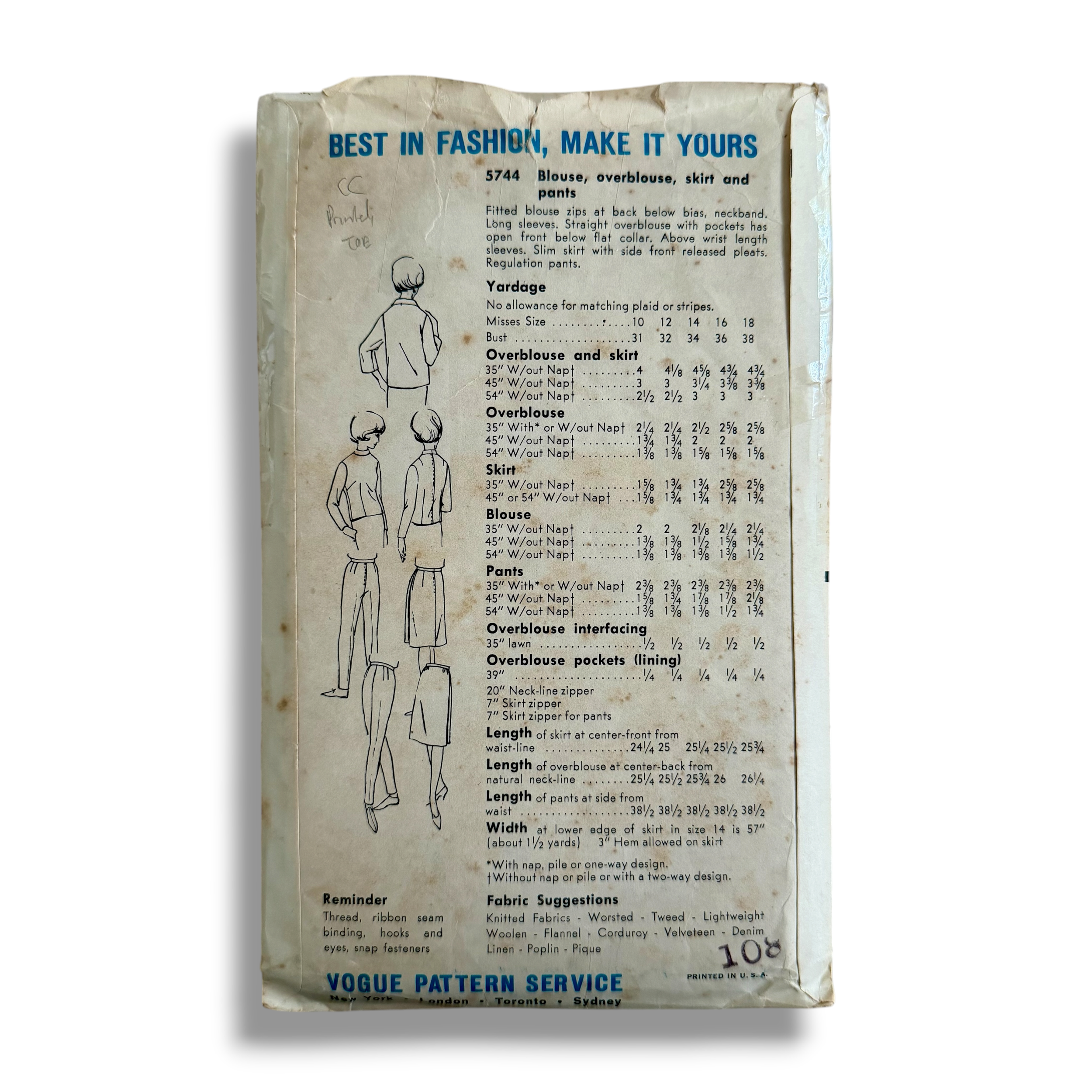 Vogue 5744, 60s Blouse, Overblouse, Skirt & Pants, Size 12 Bust 32 Hip 34, Cut & Complete, Vintage Sewing Pattern1.PNG