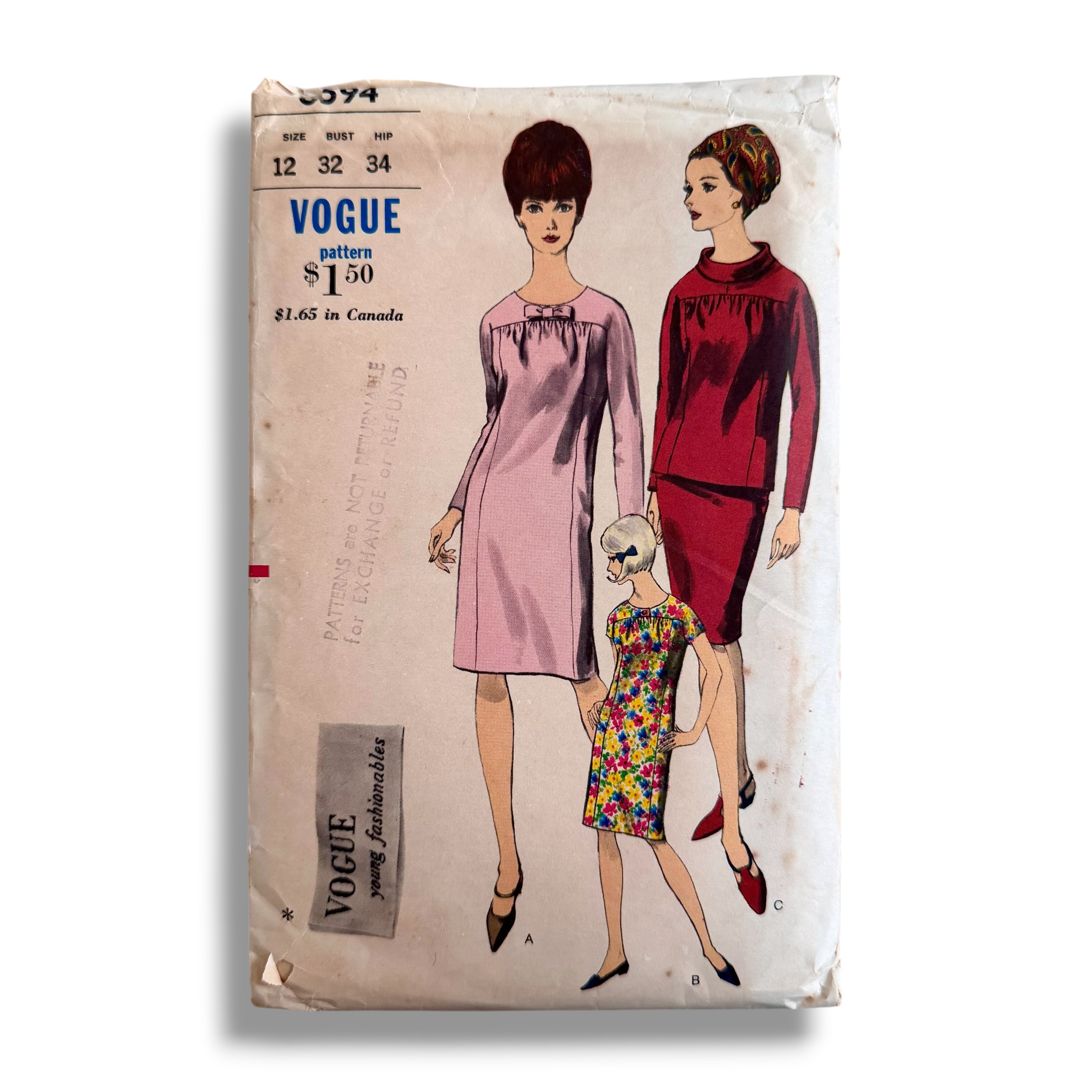 Vogue 6594, 60s Dress, Size 12 Bust 32 Hip 34, Cut & Complete, Vintage Sewing Pattern