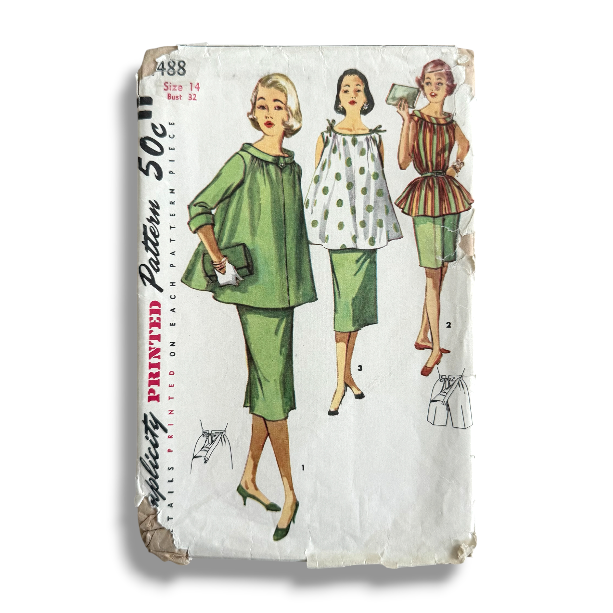 Simplicity 1488, 50s Top, Skirt and Bermuda Shorts, Size 14 Bust 32, Factory Folded, Vintage Sewing Pattern