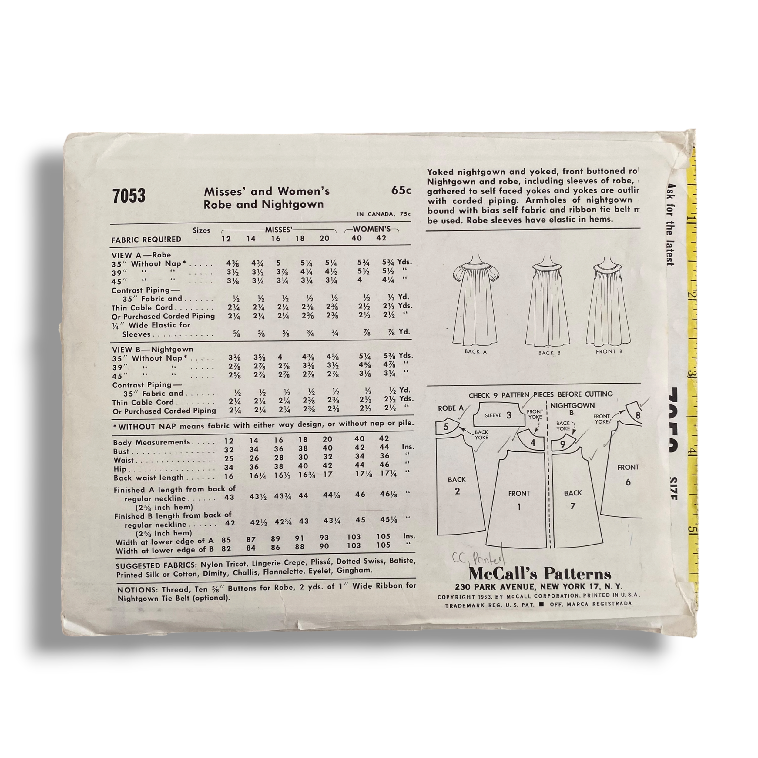 McCall’s 7053, 60s Robe:Nightgown, Size 14:34, Cut & Complete, Vintage Sewing Pattern1.PNG
